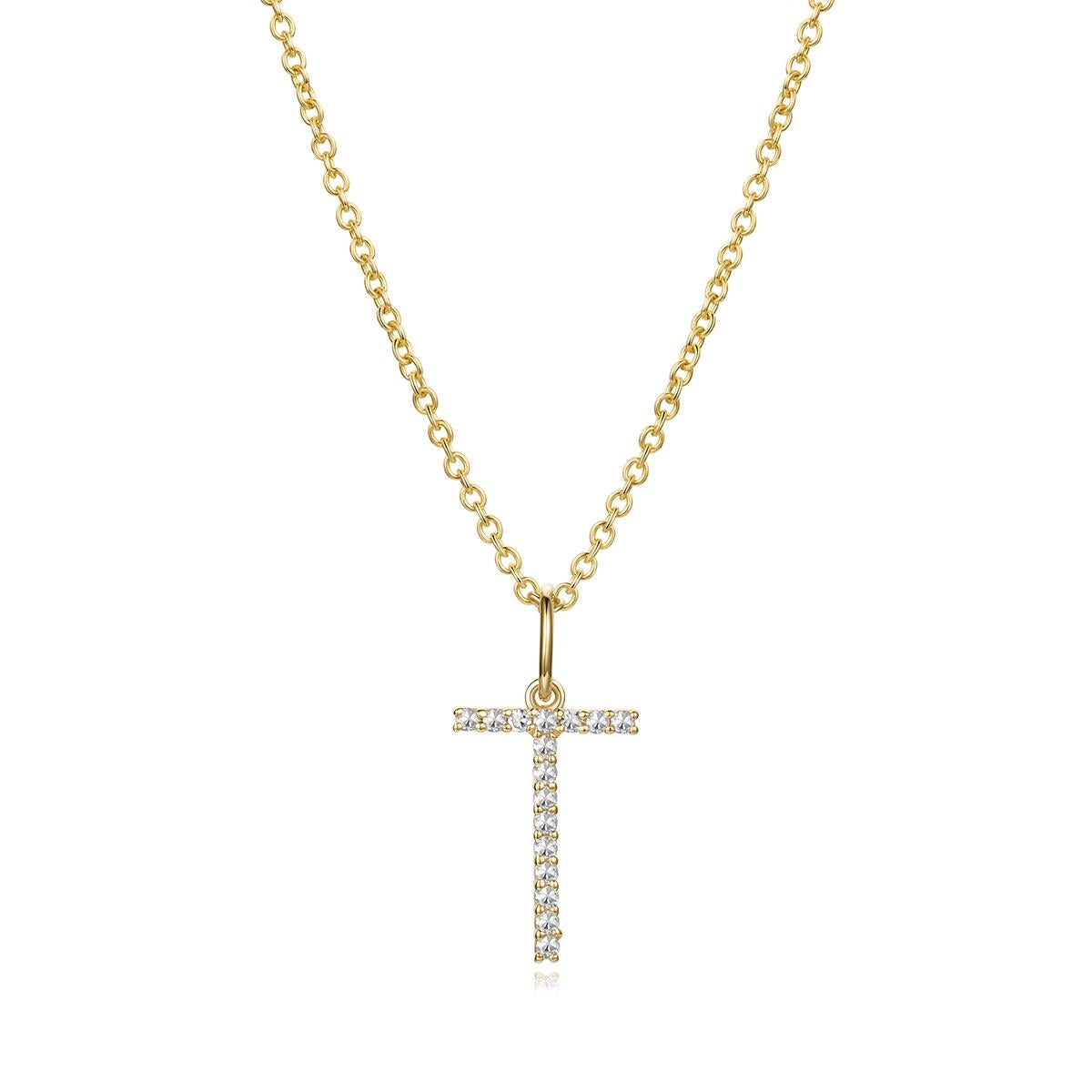 Modern Dainty 14K Yellow Gold Letter T Diamond Necklace For Sale