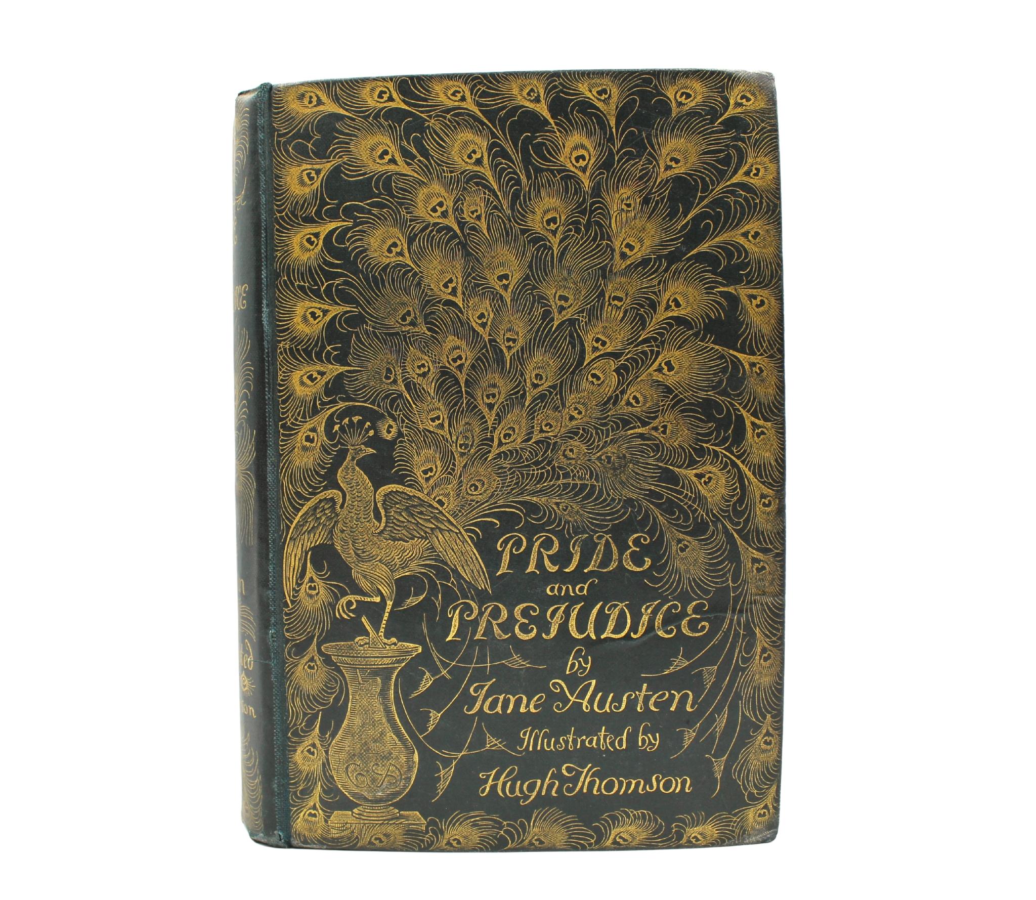Austen, Jane. Pride and Prejudice. London: George Allen, 1895. Peacock Edition, Second Issue. Illustrated by Hugh Thomson. Preface by George Saintsbury. Original greenish blue cloth pictorial gilt-stamped front board and spine. All edges gilt. Slate