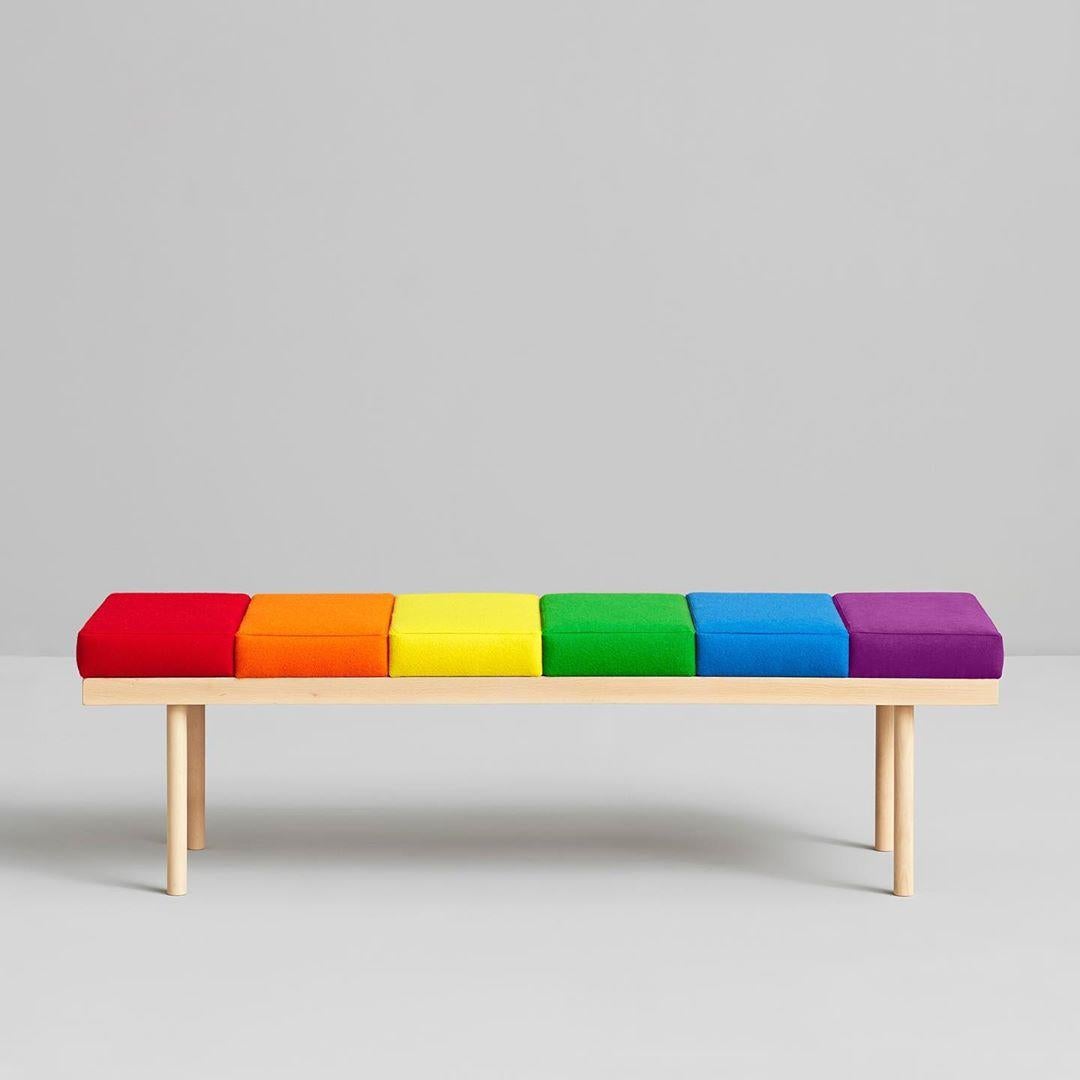 Pride special editon Valentino bench by Pepe Albargues
Dimensions: 45 x 150 x 45 cm
Materials: Beechwood structure.
Seat stuffed with polyurethane 3542.

The Valentino bench is an extremely versatile piece that
adapts to everyone’s mood.

It