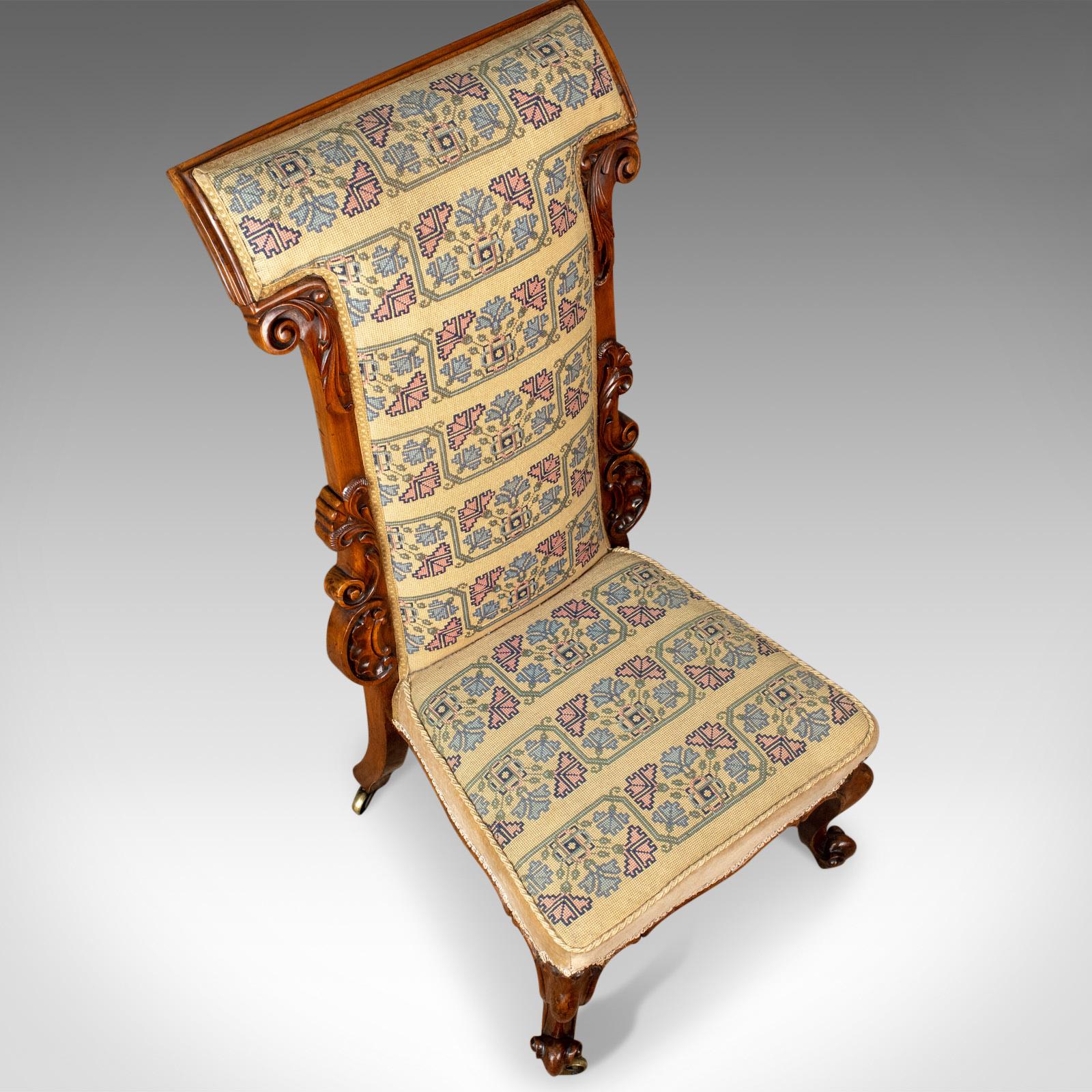 19th Century Prie Dieu Chair, Early Victorian, Walnut Needlepoint Tapestry Seat, circa 1840 For Sale