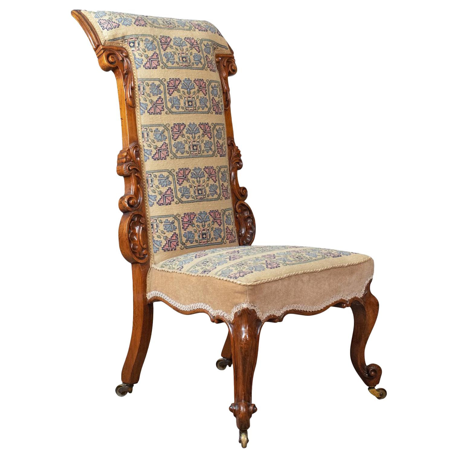 Prie Dieu Chair, Early Victorian, Walnut Needlepoint Tapestry Seat, circa 1840 For Sale