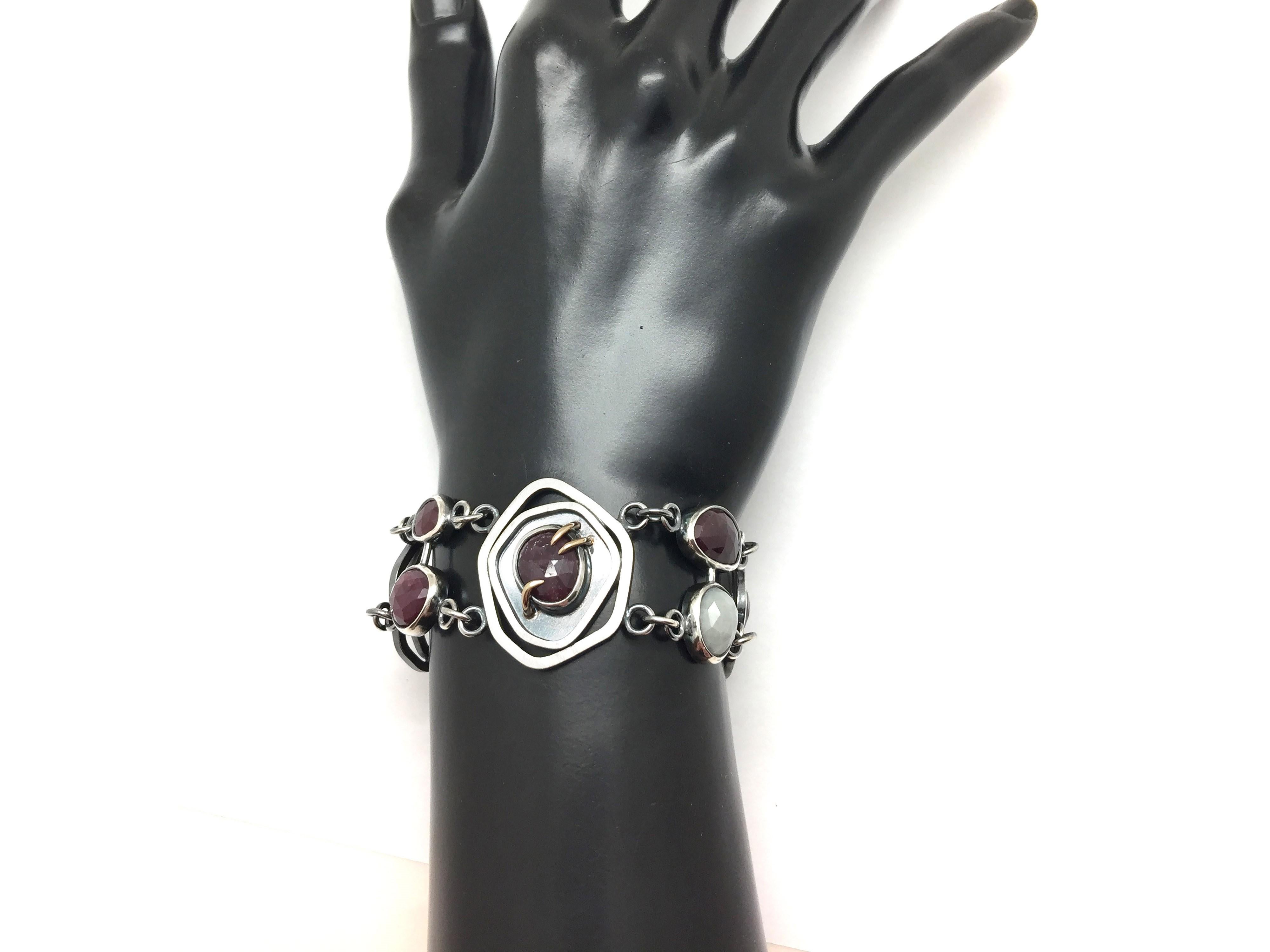 Rose Cut Priestess Ruby Sapphire 14K Sterling Silver Bracelet by TIN HAUS For Sale