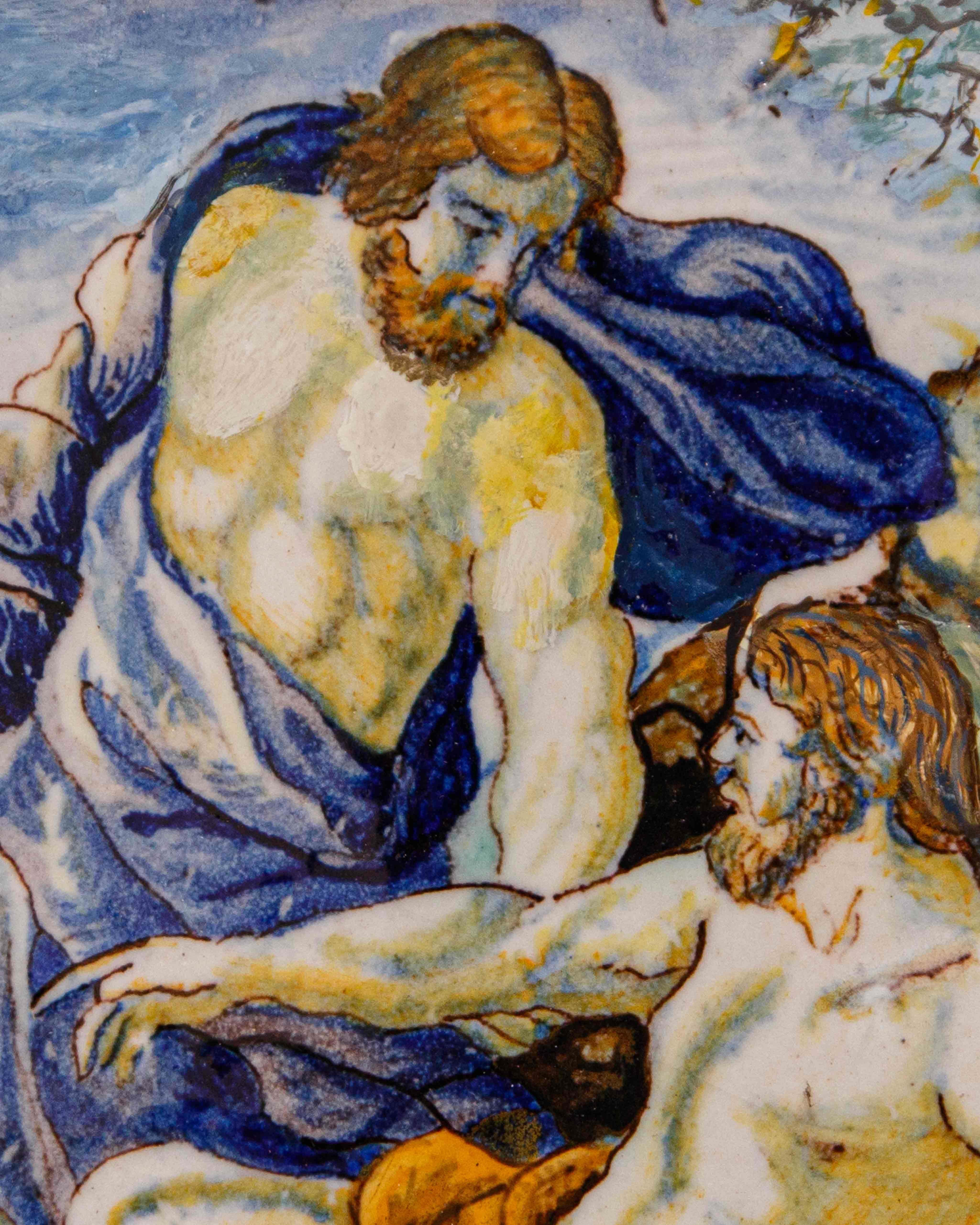 Primera mitad del siglo XVIII, Manufactura Castelli

Liberación de las cadenas 

Maiolica, 21 x 15 cm

Enmarcado, 38 x 37 cm

Un ejemplo de la tradición de fabricación de cerámica de Castelli, una pequeña localidad de la provincia de Teramo que se