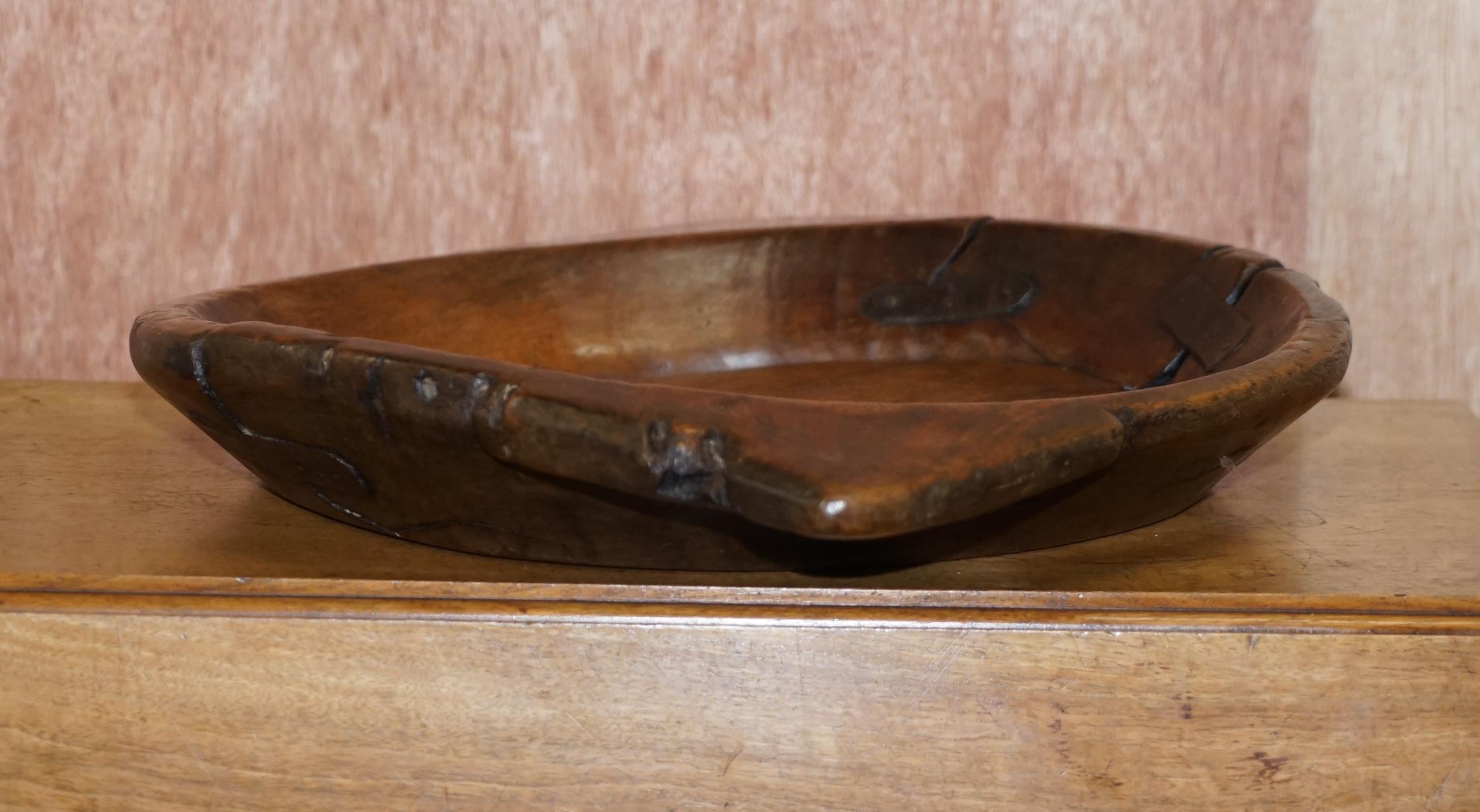 Primate Large French Walnut Fruit Bowl with Antique Metal Repairs Stunning 6