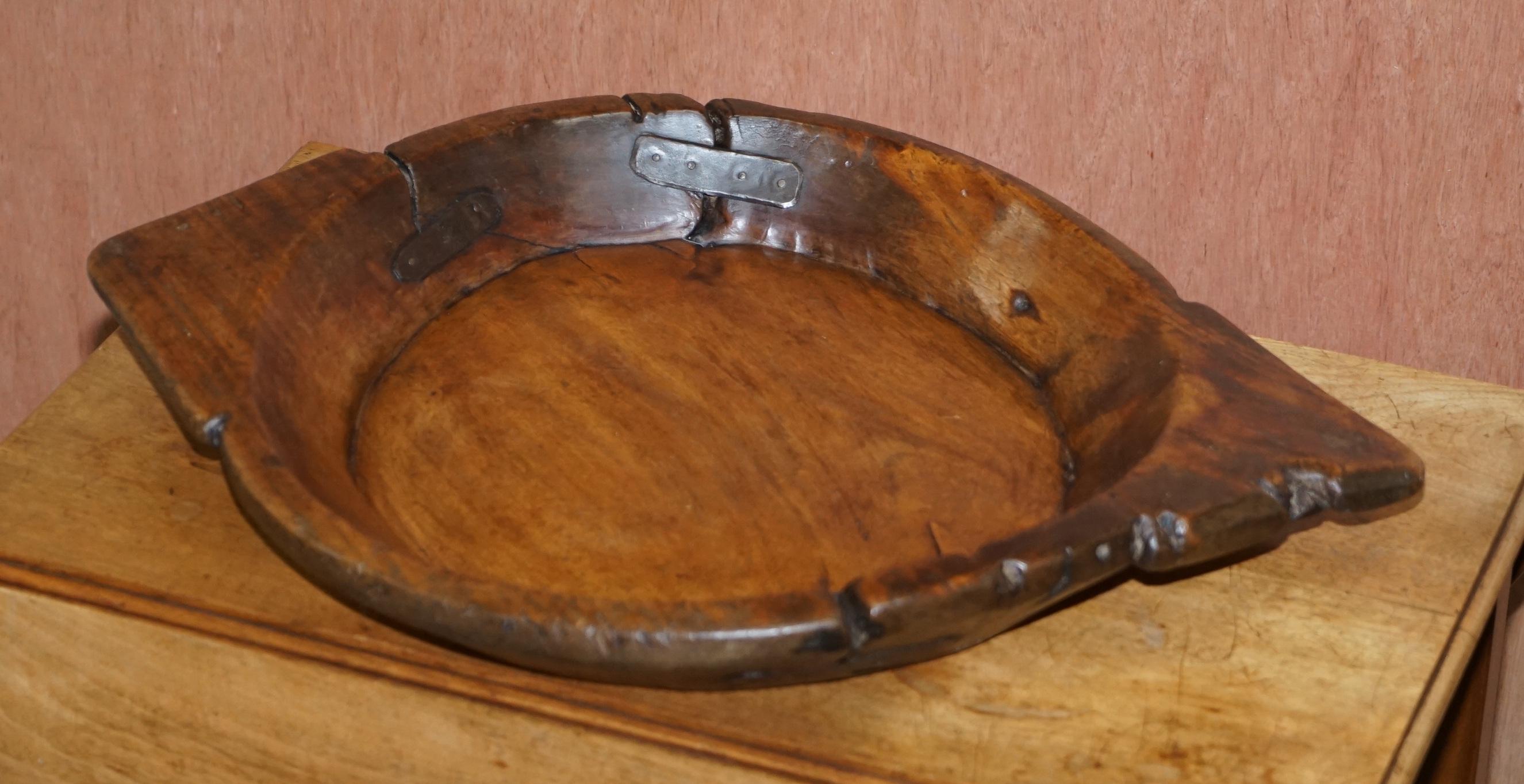 Early Victorian Primate Large French Walnut Fruit Bowl with Antique Metal Repairs Stunning