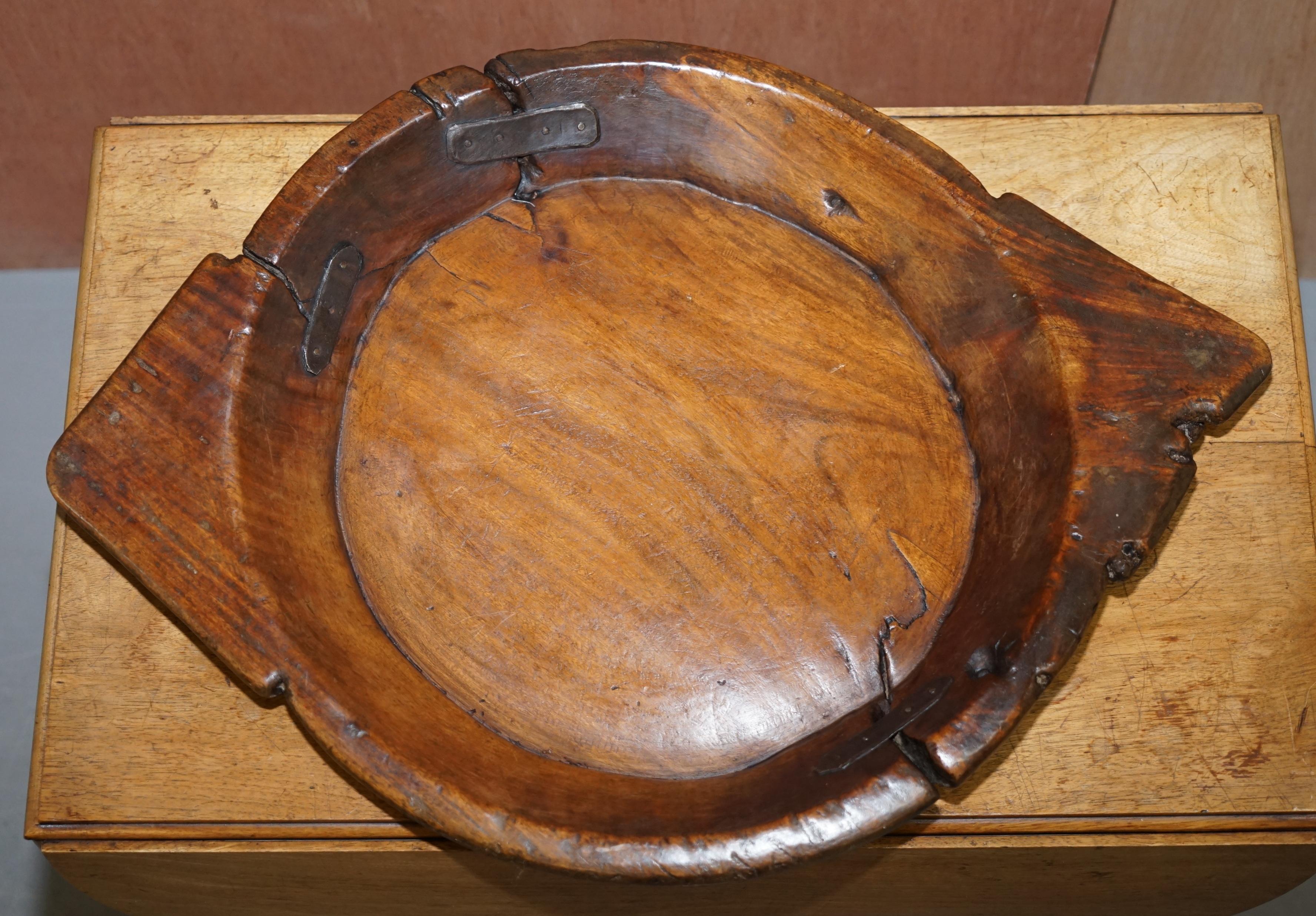 Hand-Crafted Primate Large French Walnut Fruit Bowl with Antique Metal Repairs Stunning