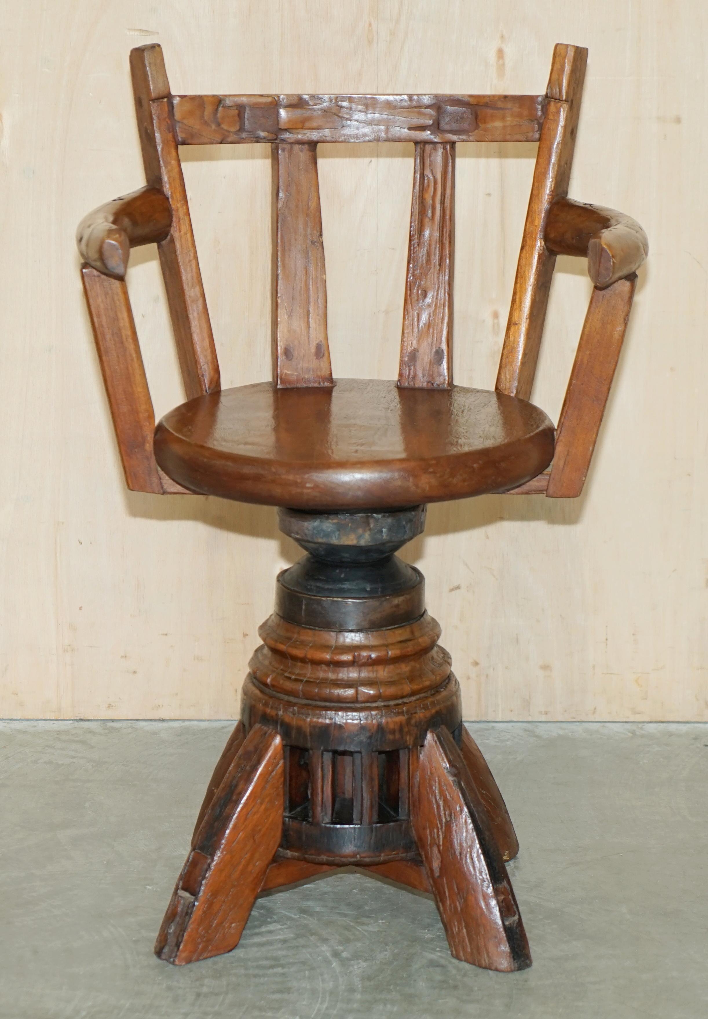 We are delighted to offer for sale this very rare and highly collectable circa 1760 Carthorse wheel which has been rebuilt into a captains swivel armchair in solid Elm.

A very good looking and decorative chair, I have ever never seen another like
