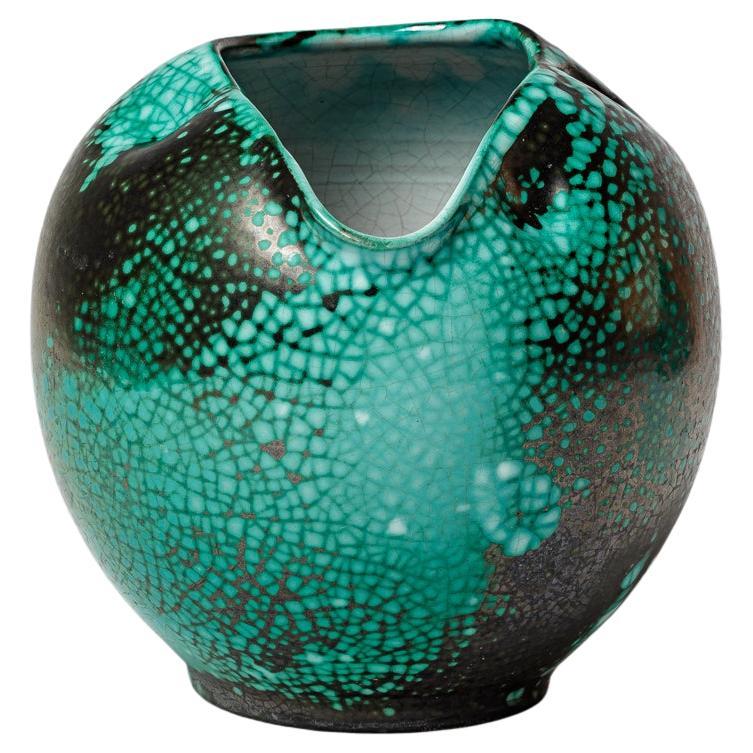 Primavera 20th century large black and green art deco free form ceramic vase CAB