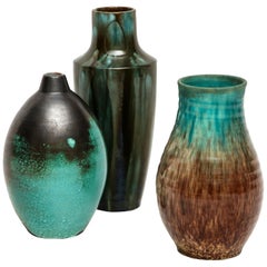 Vases Primavera Accolay Massier en céramique verte et noire, France, années 1930