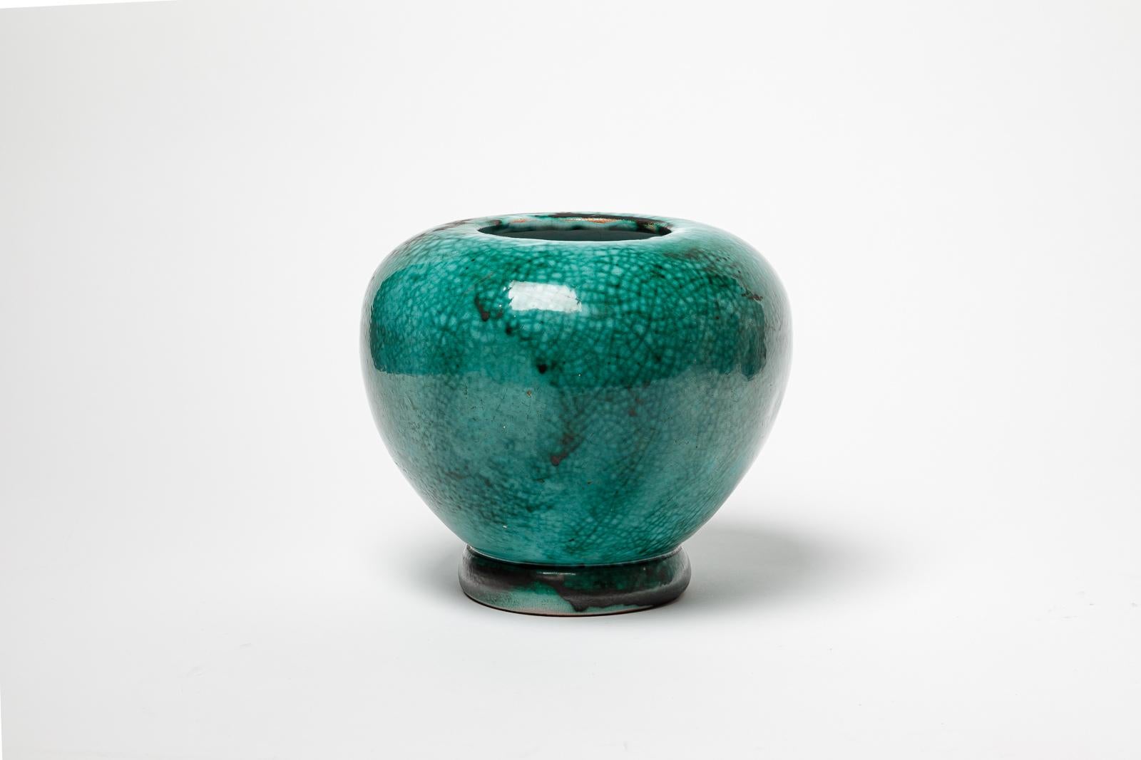 French Primavera black and greeen art deco ceramic vase 19 cm circa 1940 For Sale