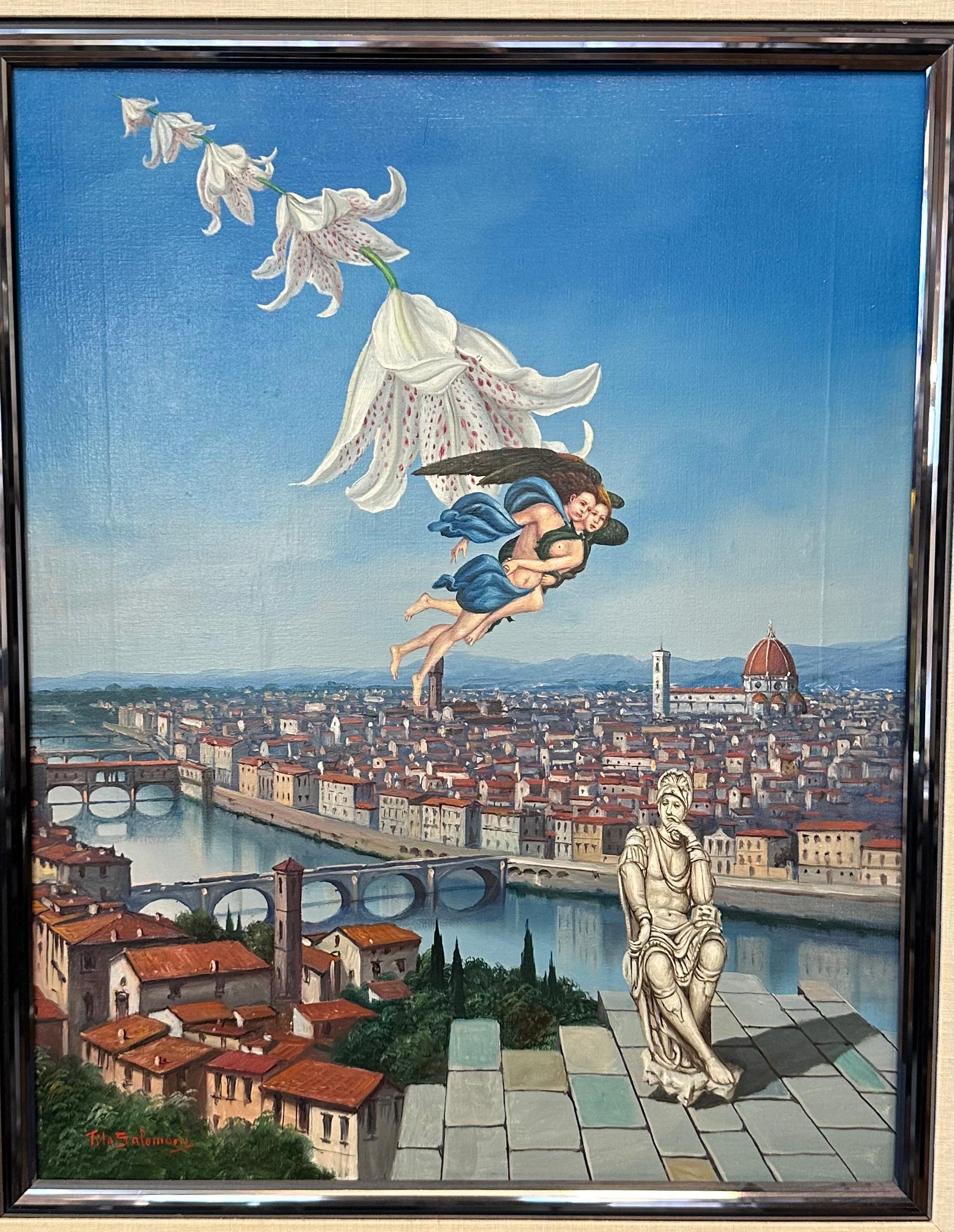 Esta extraordinaria obra de arte surrealista muestra la ciudad de Florencia (Italia) a través de los ojos de la famosa artista Titi Salomoni. Su visión está bellamente concebida, con personajes detallados y colores vivos. Este cuadro sobre lienzo