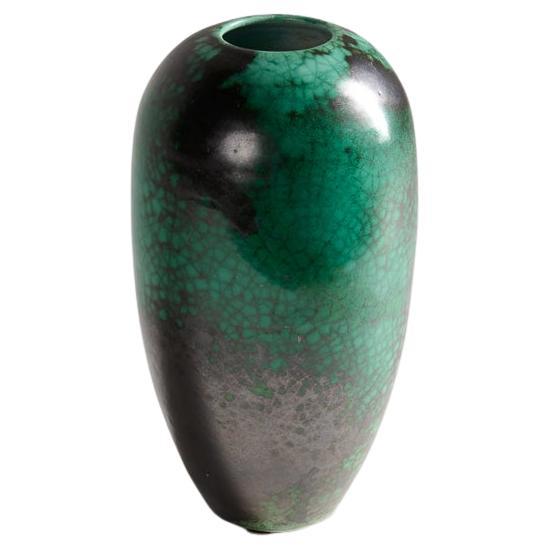 Primavera & C.A.B., Egg-Shaped Vase with Green & Black Glaze, France, circa 1925
