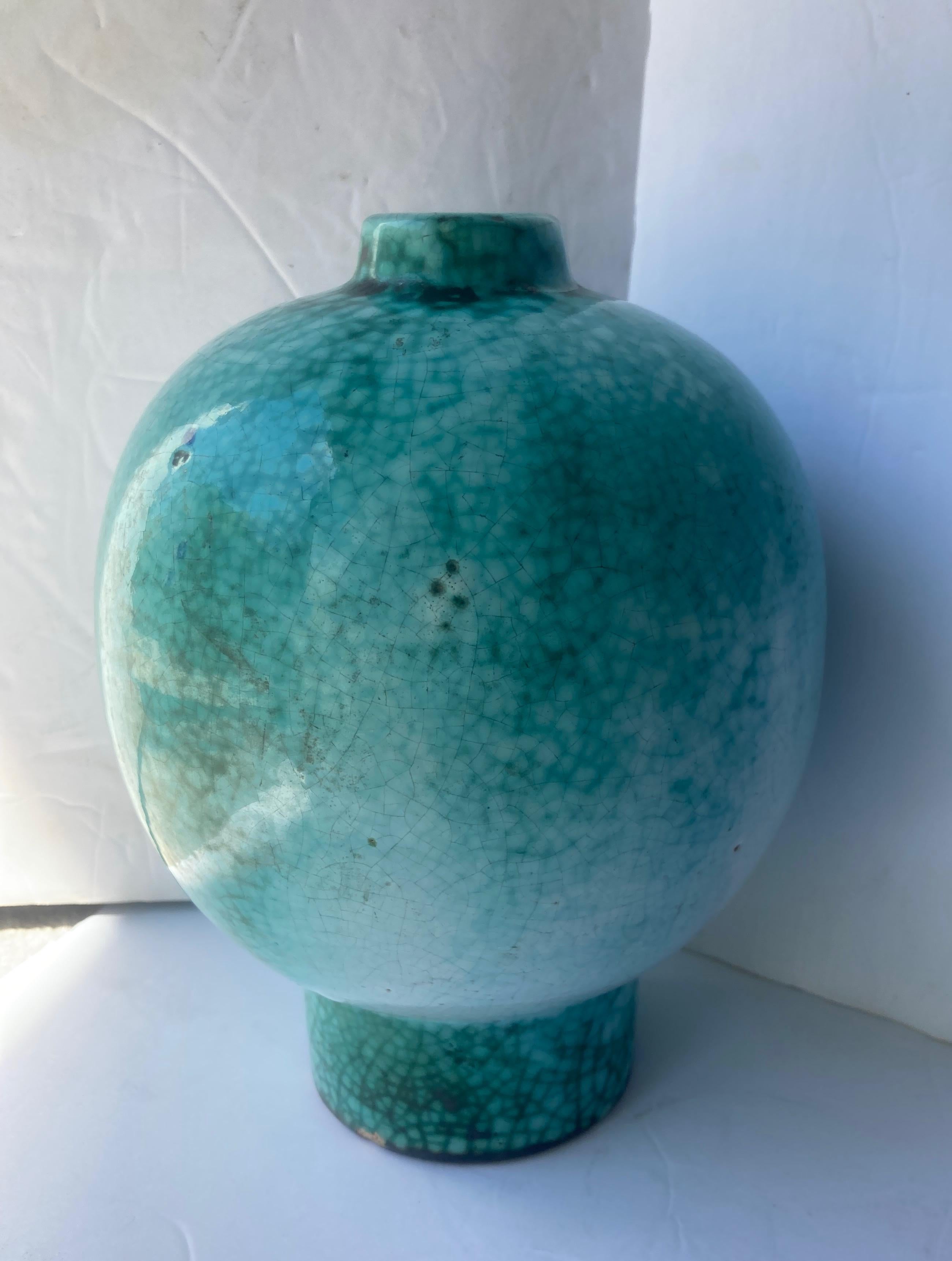 Primavera Glazed Ceramic Green, Art Deco Vase, France For Sale 2