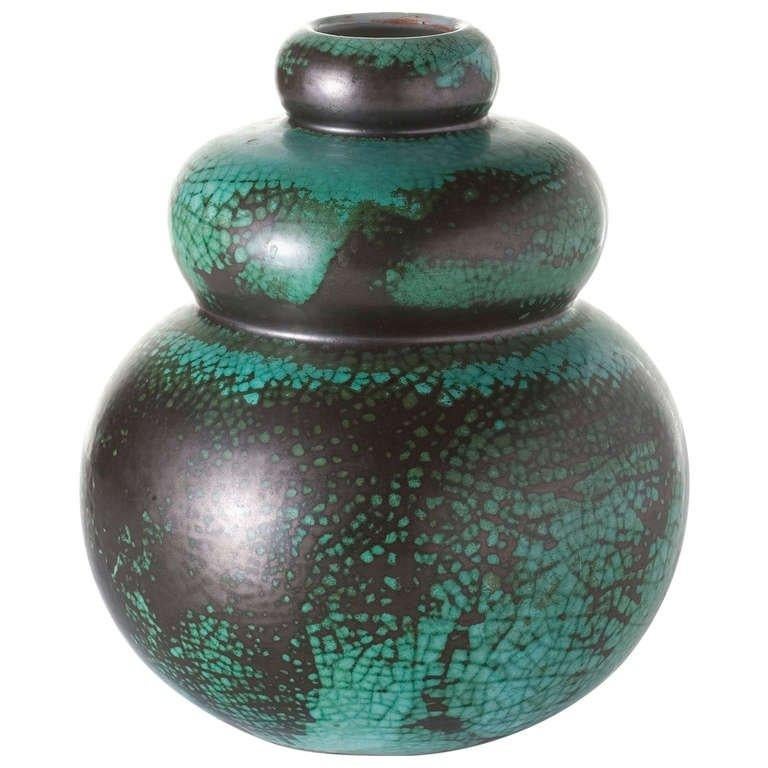Glazed Primavera, Green Gourd Shaped Ceramic Vase, France, C. 1920