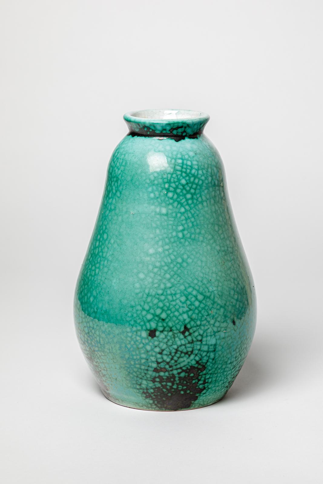 Français Primavera grand vase art déco en céramique blanc et vert signé circa 1930 27 cm en vente