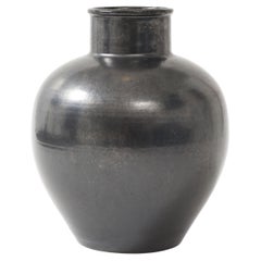 Primavera Large Black Glazed Ceramic Oivid Vase, Cylindrical Neck, France, 1930