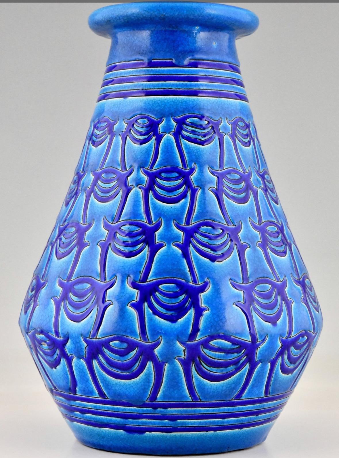 French Primavera Longwy Art Deco Ceramic Vase in Blue For Sale