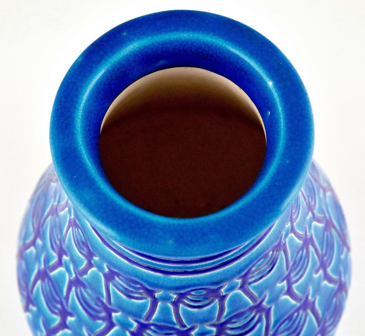 French Primavera Longwy Art Deco Ceramic Vase in Blue For Sale