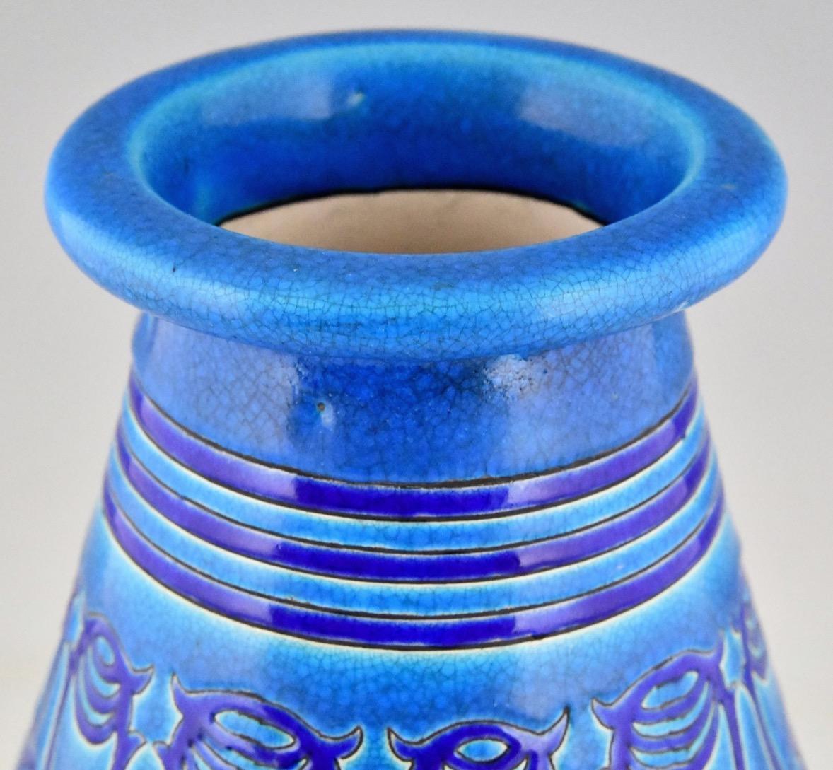 Primavera Longwy Art Deco Ceramic Vase in Blue In Good Condition For Sale In Oakland, CA