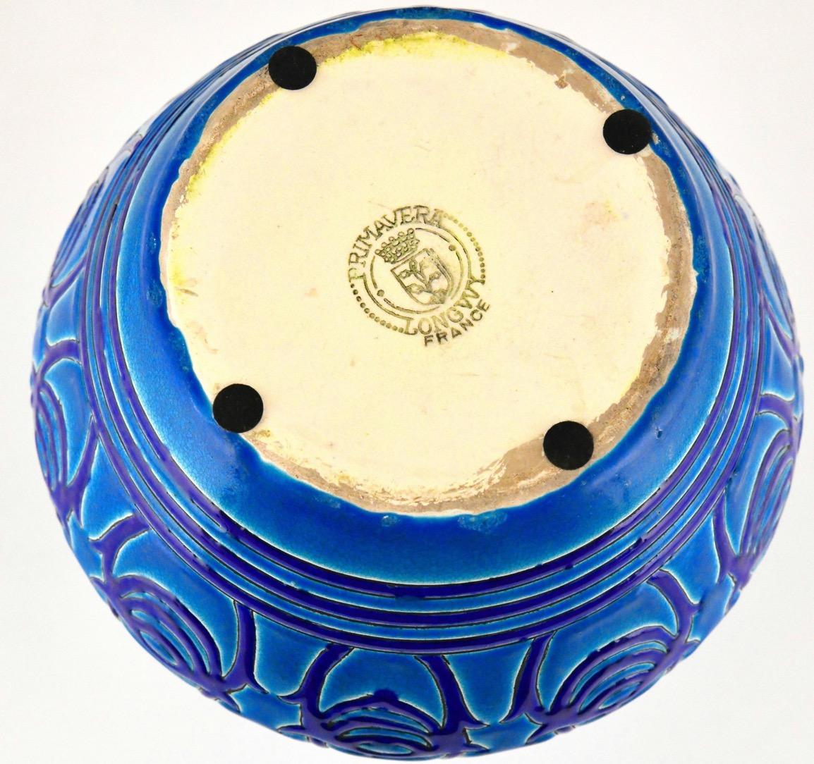 Primavera Longwy, Art-déco-Keramikvase in Blau (Cloisonné) im Angebot