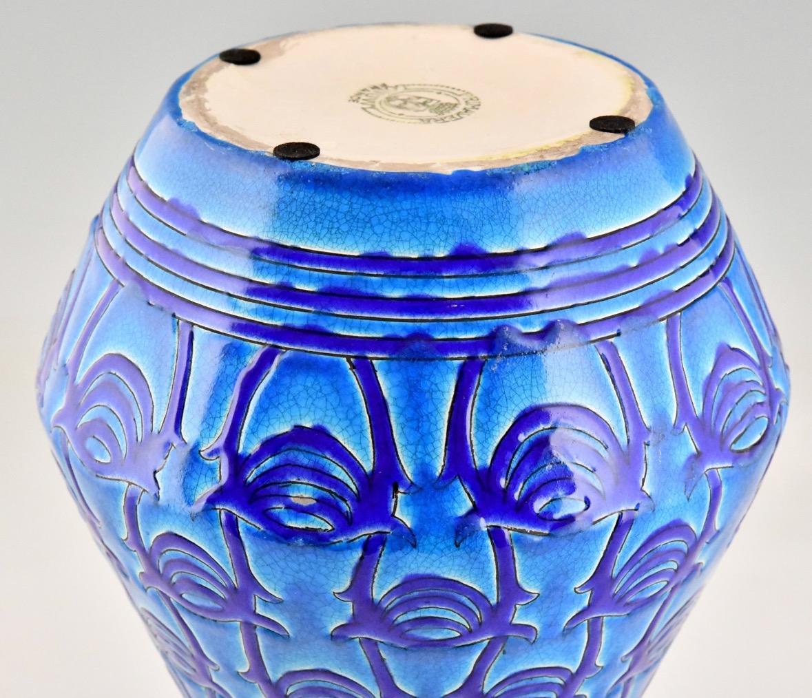 Early 20th Century Primavera Longwy Art Deco Ceramic Vase in Blue For Sale
