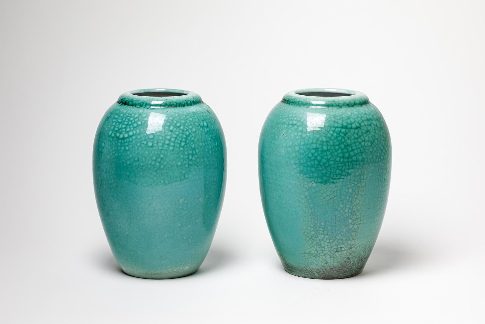 Art Deco Primavera pair of art deco green 1930 ceramic vase signed height 25 cm For Sale