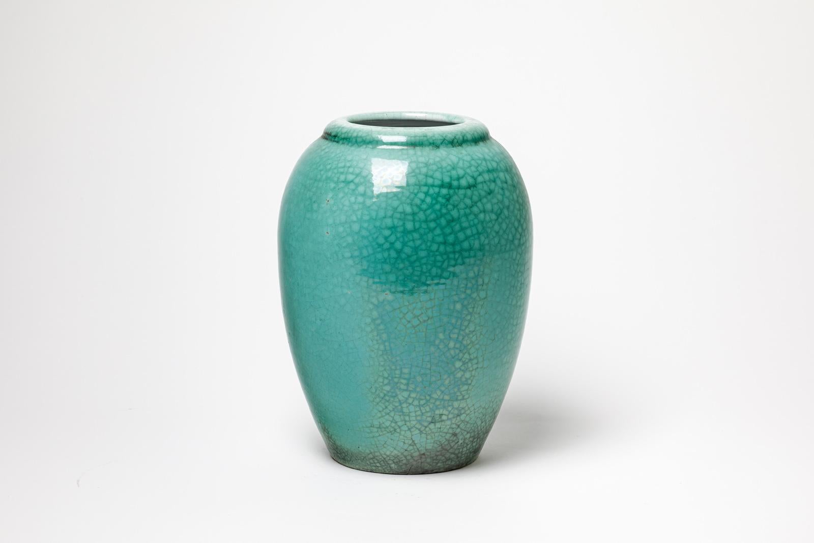French Primavera pair of art deco green 1930 ceramic vase signed height 25 cm For Sale