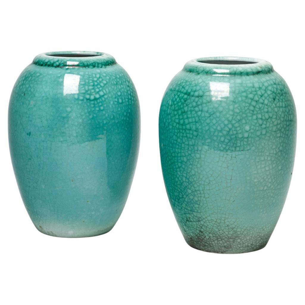 Primavera pair of art deco green 1930 ceramic vase signed height 25 cm For Sale