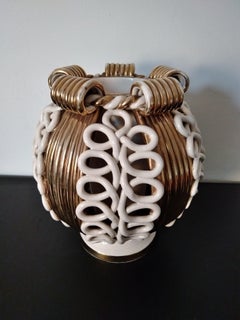 Primavera Sainte Radegonde Large Gilt and White Ceramic Vase, French, 1950