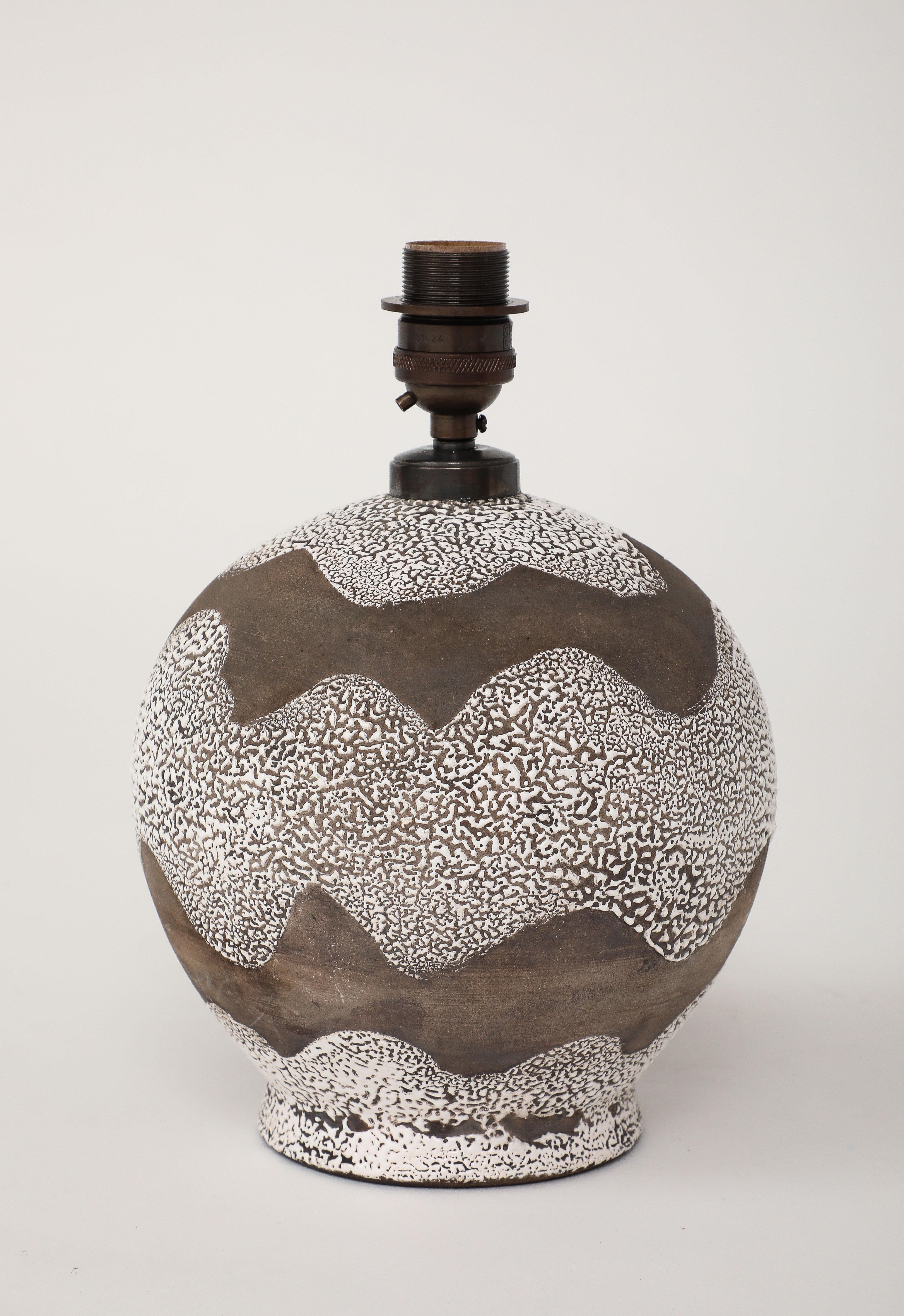 Ceramic White & Brown Lamp Undulating Multi-textured Design, France, c. 1935