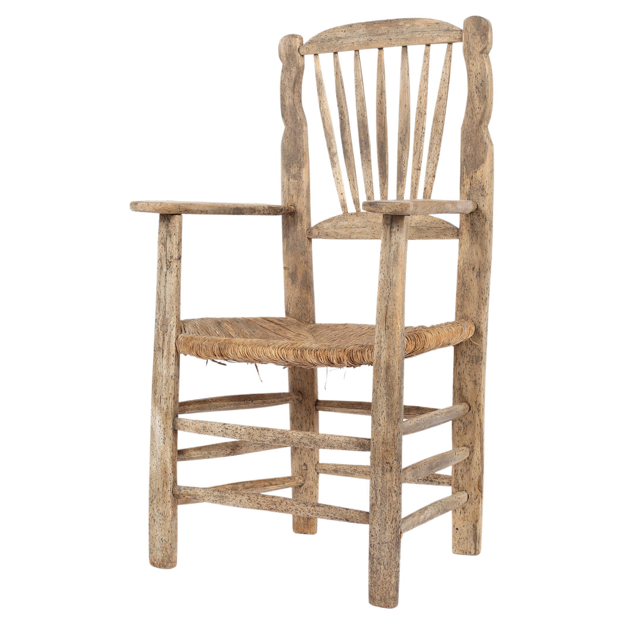 Primitive 19th Century Elm & Rush Chair For Sale