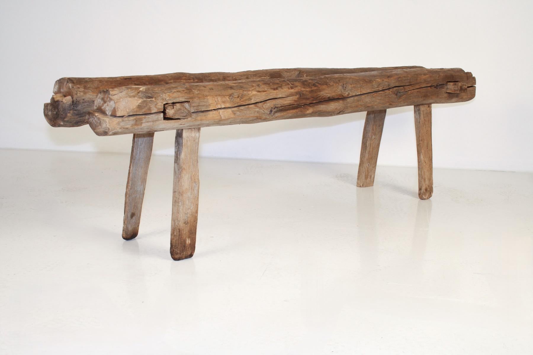 Primitiva Rueda Wabi-Sabi de Olmo del Siglo XIX  Asiento de banco para cerdos de 1,80 m en venta 12