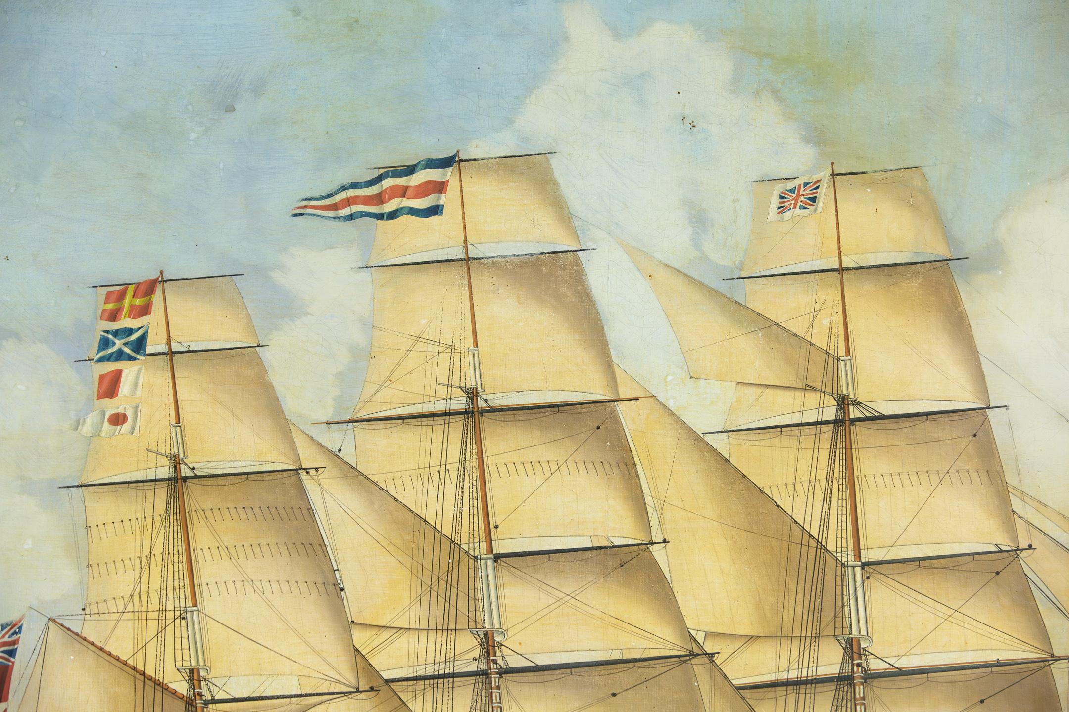 Primitive 19th Century Oil on Canvas of Merchant Ship Rowena of Liverpool 6