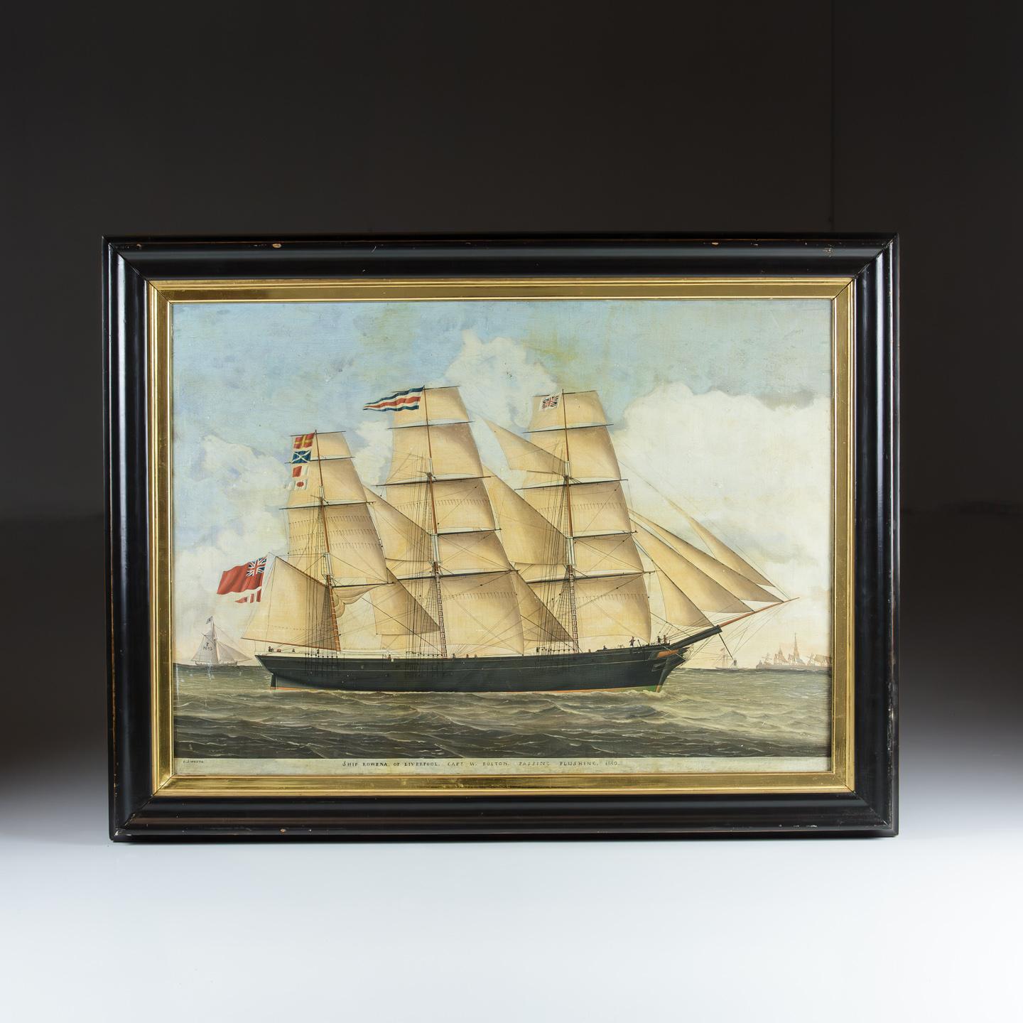 Primitive 19th Century Oil on Canvas of a Merchant Ship, Red ensign hoisted to most senior position on the vessel as close to the stern as possible, wonderful detail, with crew visible on deck. Painted script reading 