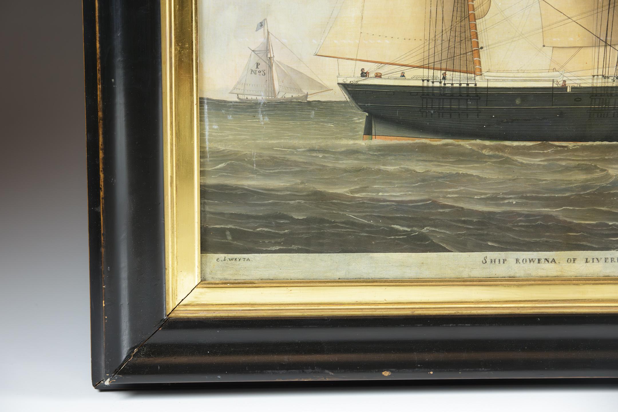 Belgian Primitive 19th Century Oil on Canvas of Merchant Ship Rowena of Liverpool
