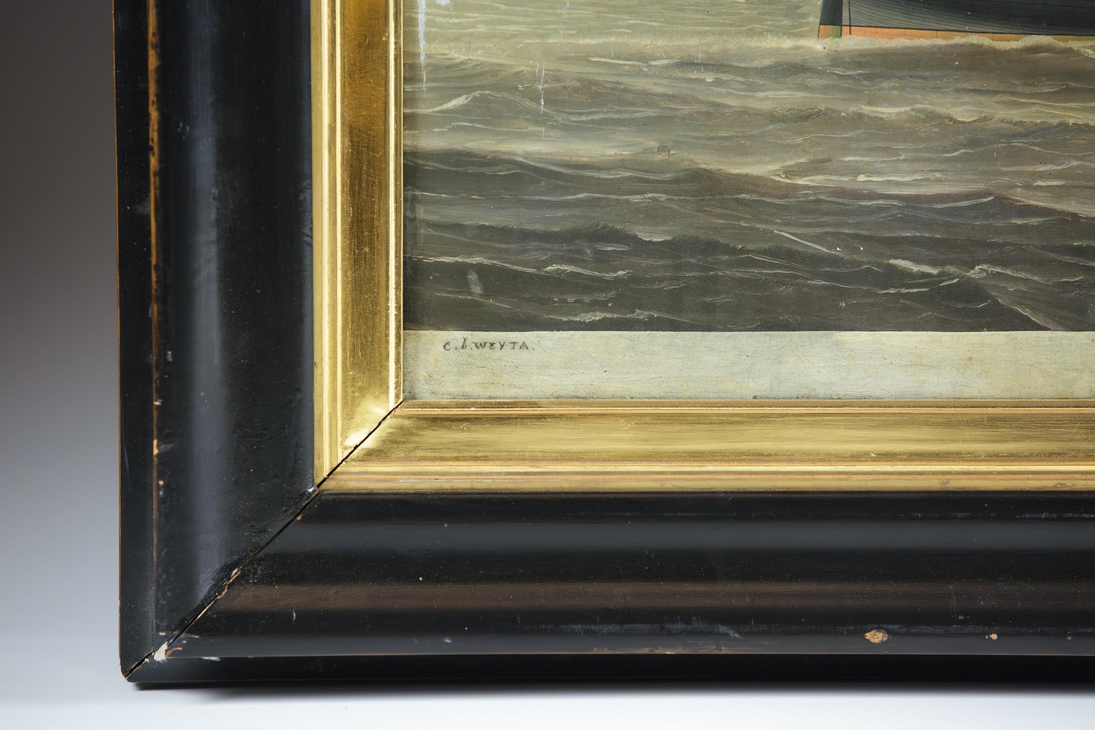 Painted Primitive 19th Century Oil on Canvas of Merchant Ship Rowena of Liverpool