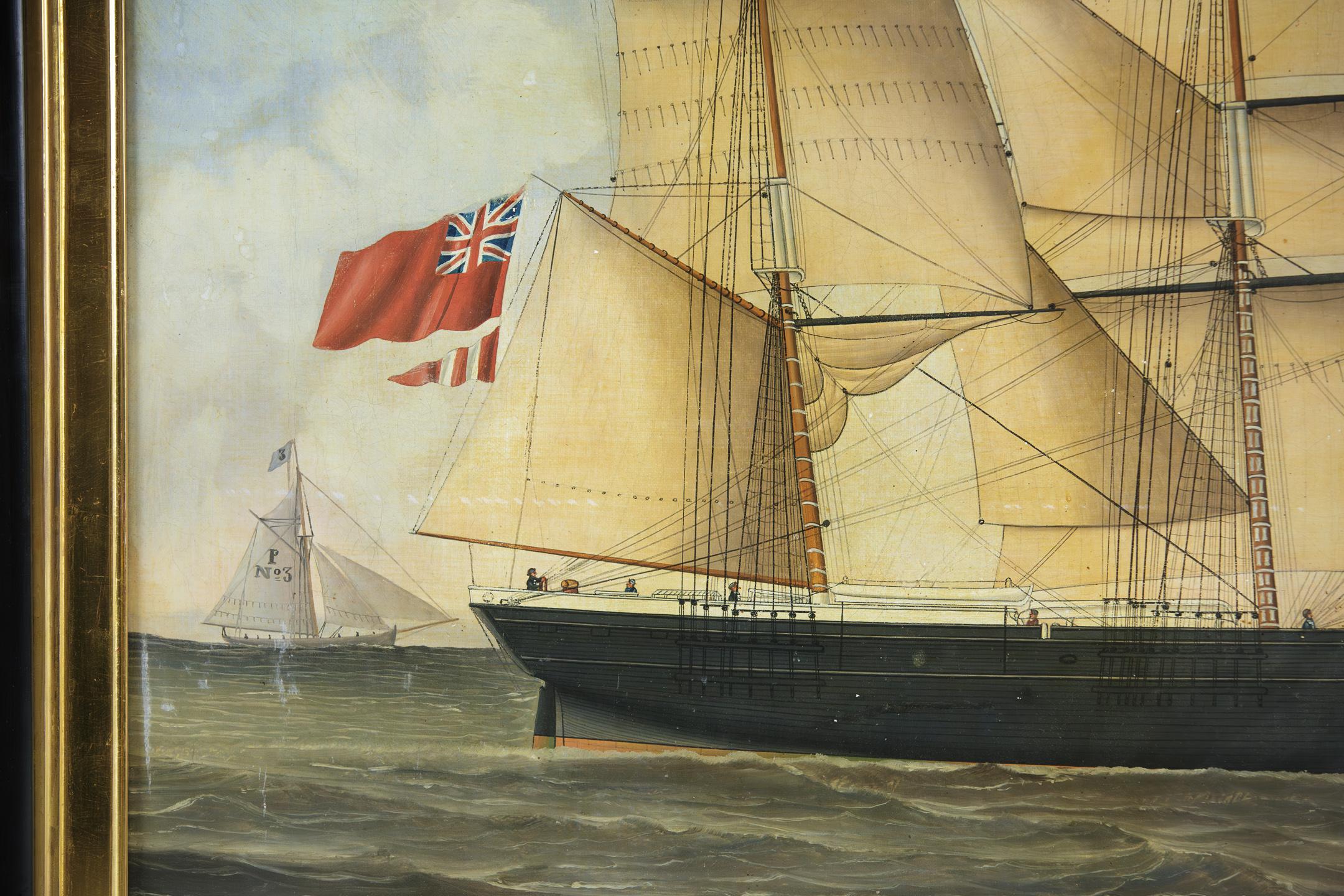 Primitive 19th Century Oil on Canvas of Merchant Ship Rowena of Liverpool 1