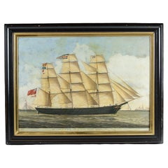 Antique Primitive 19th Century Oil on Canvas of Merchant Ship Rowena of Liverpool 