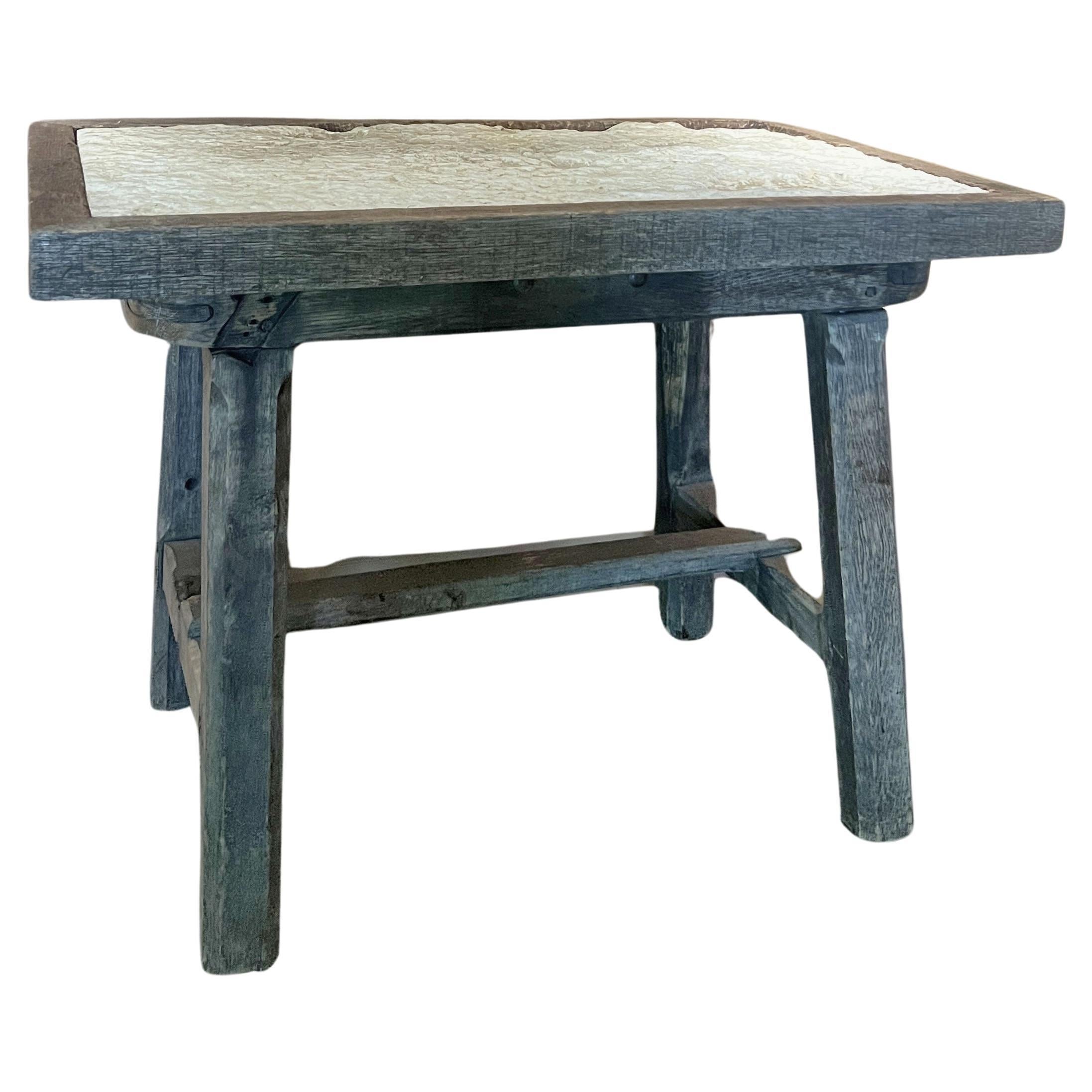 Primitive 19th century stone and wood side table