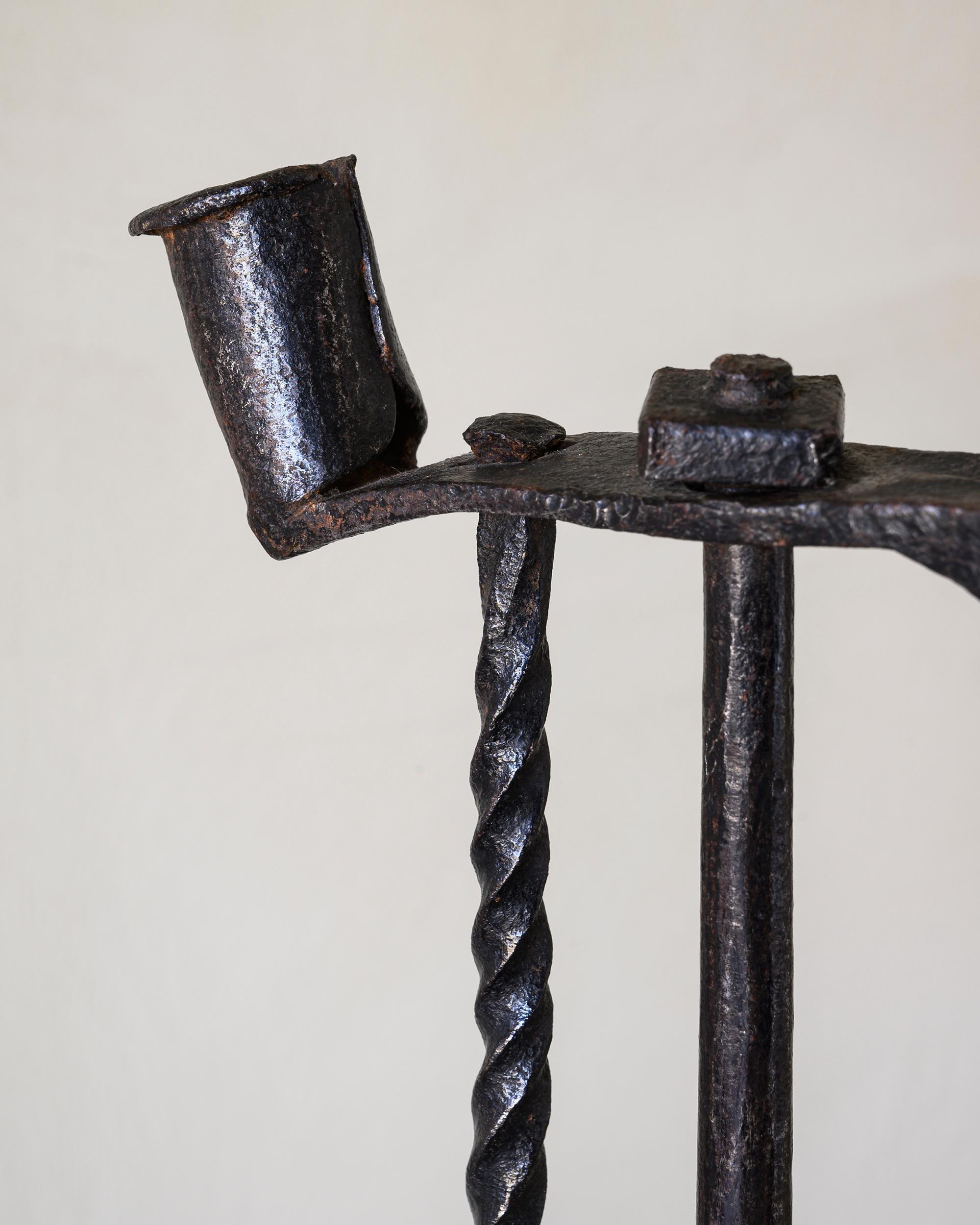 Folk Art Primitive 19th Century Wrought Iron Candle Holder For Sale