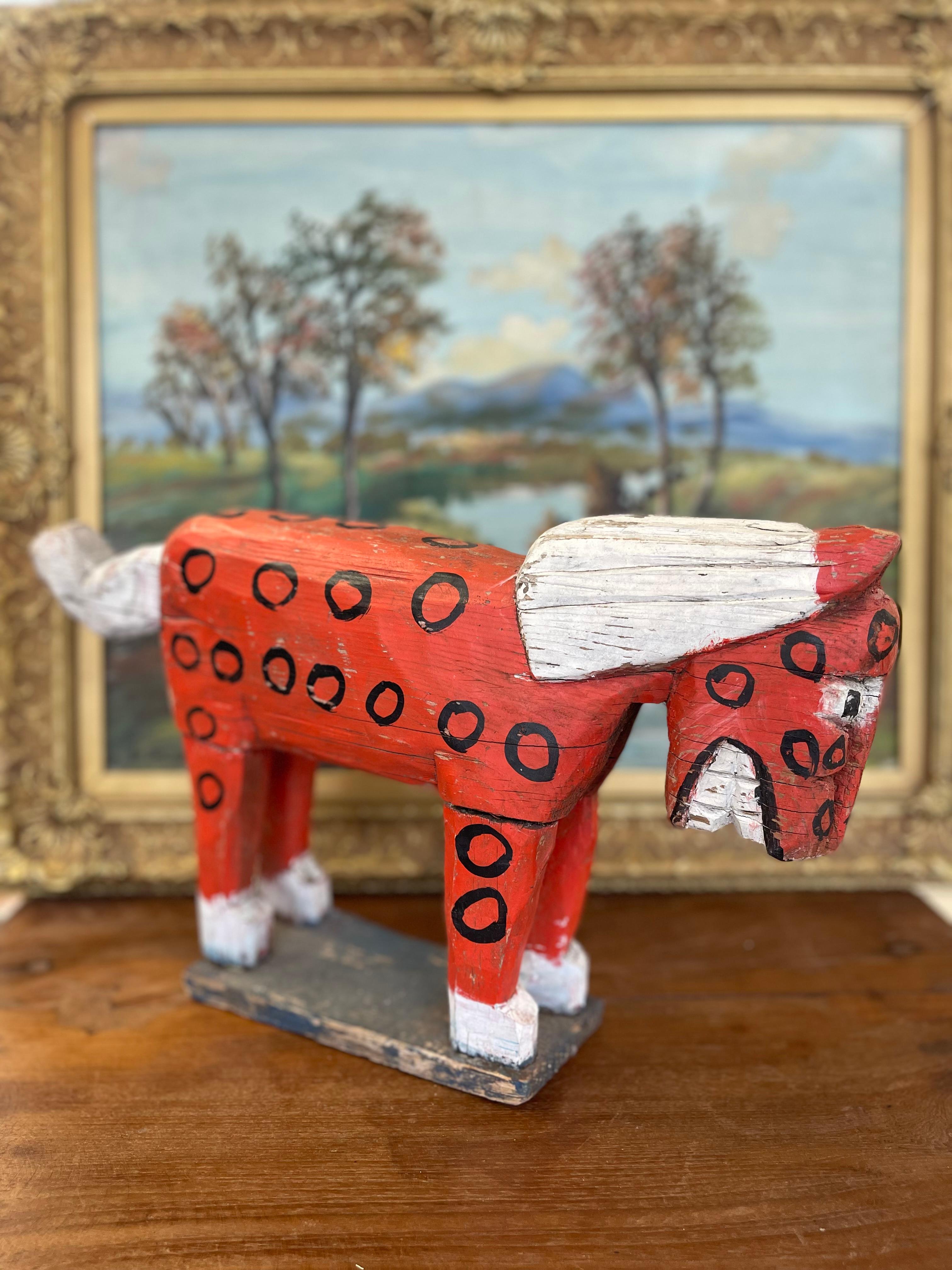Primitive American Folk Art Painted Wood Horse Sculpture in Red and White In Good Condition For Sale In Seattle, WA