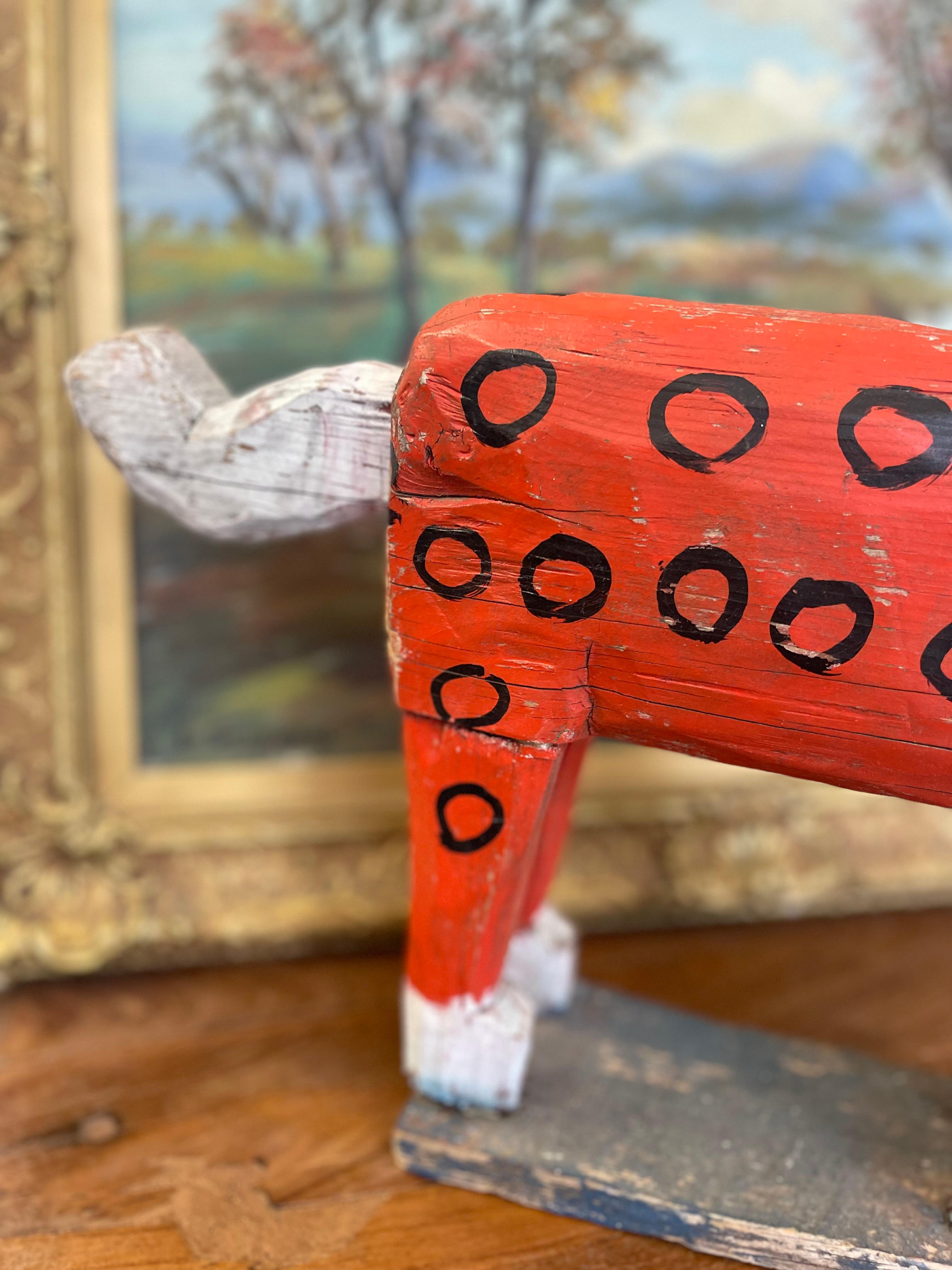 Mid-20th Century Primitive American Folk Art Painted Wood Horse Sculpture in Red and White For Sale
