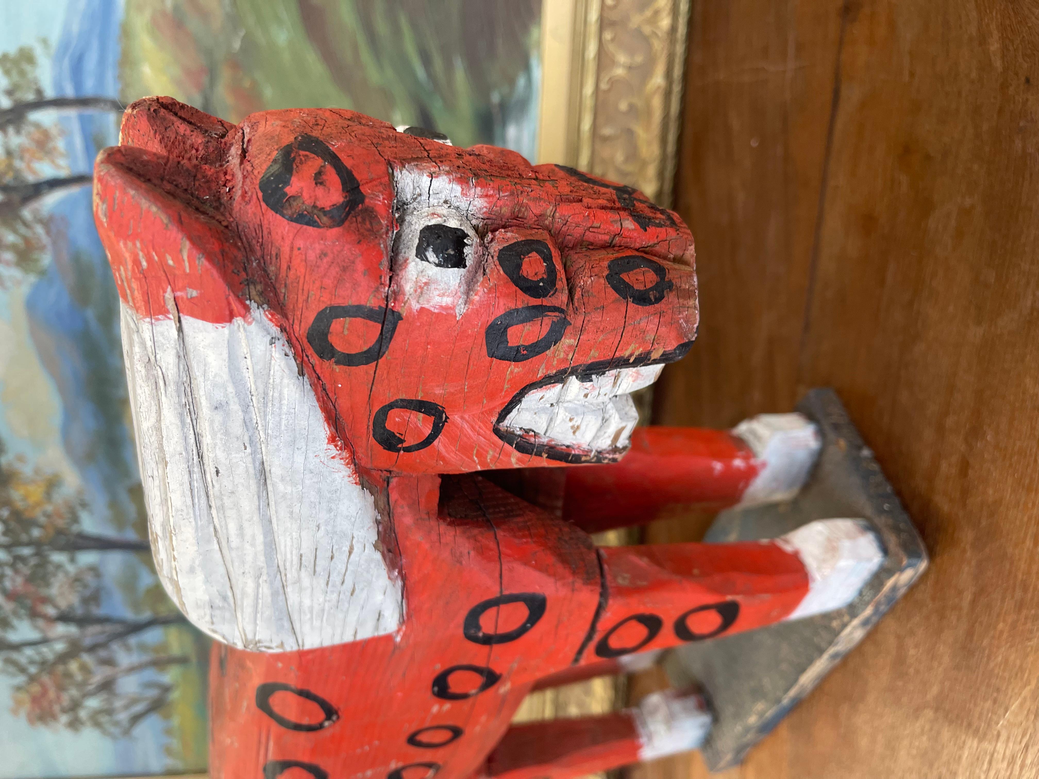 Primitive American Folk Art Painted Wood Horse Sculpture in Red and White For Sale 1