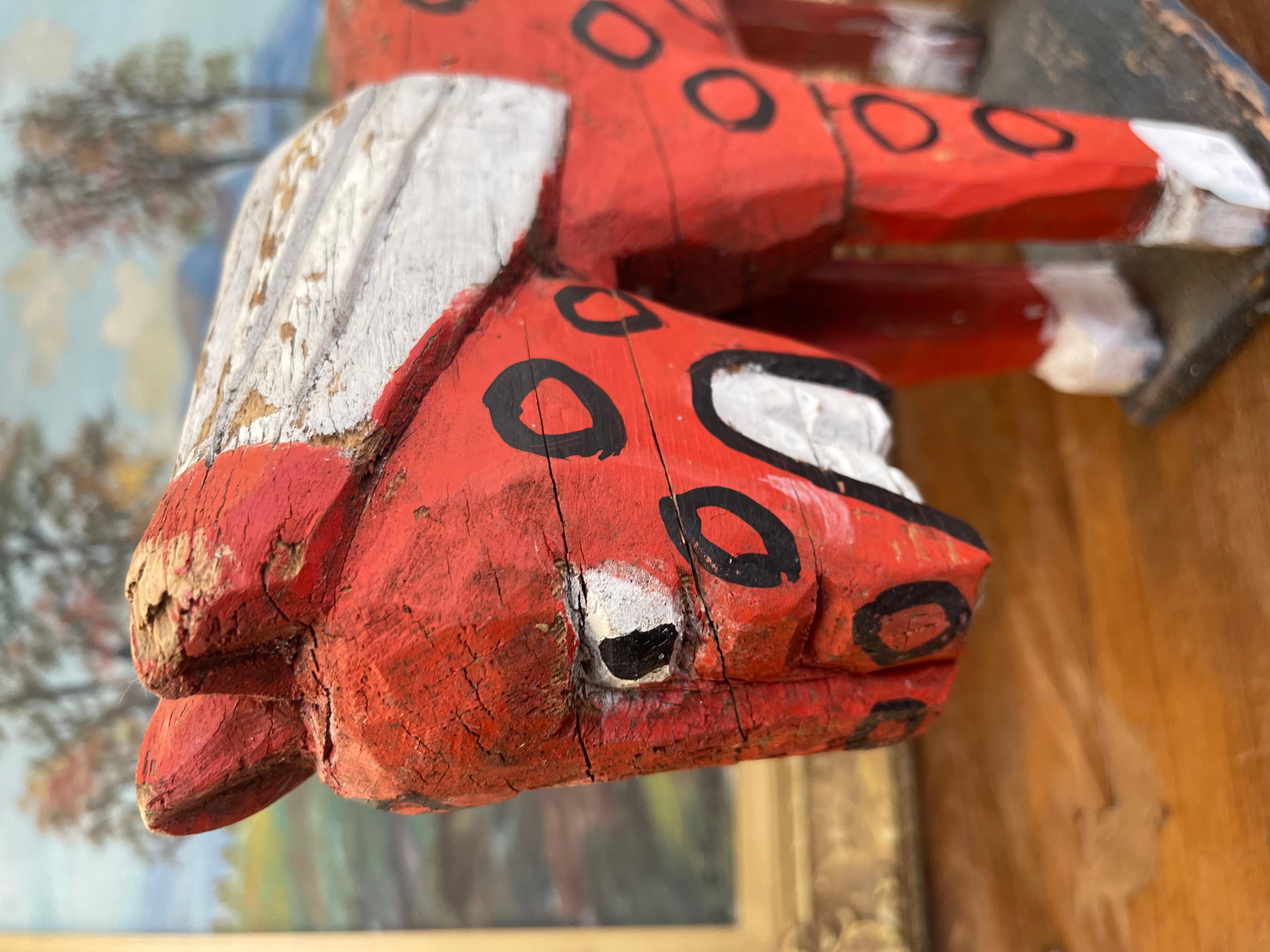 Primitive American Folk Art Painted Wood Horse Sculpture in Red and White For Sale 2