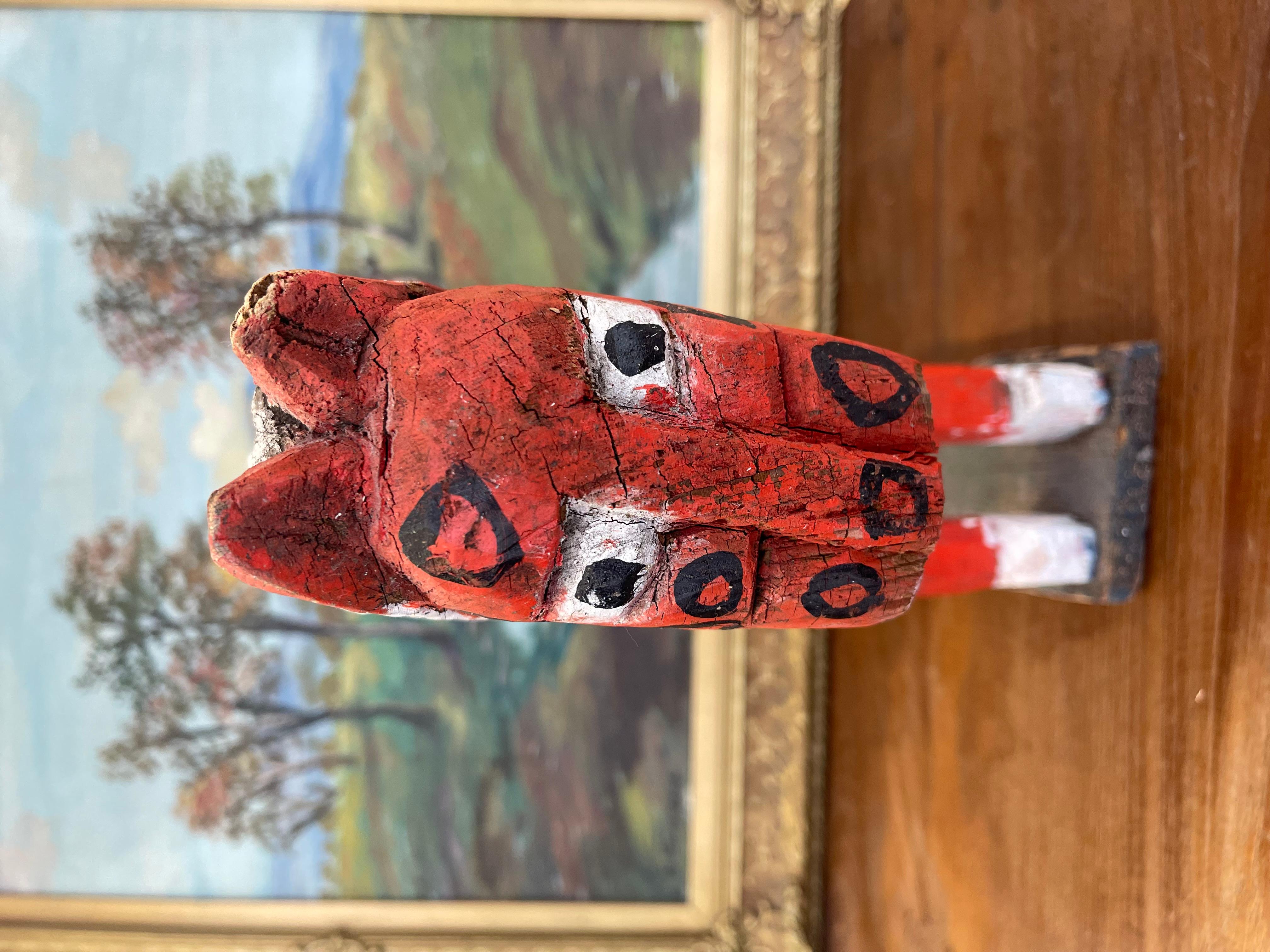Primitive American Folk Art Painted Wood Horse Sculpture in Red and White For Sale 3