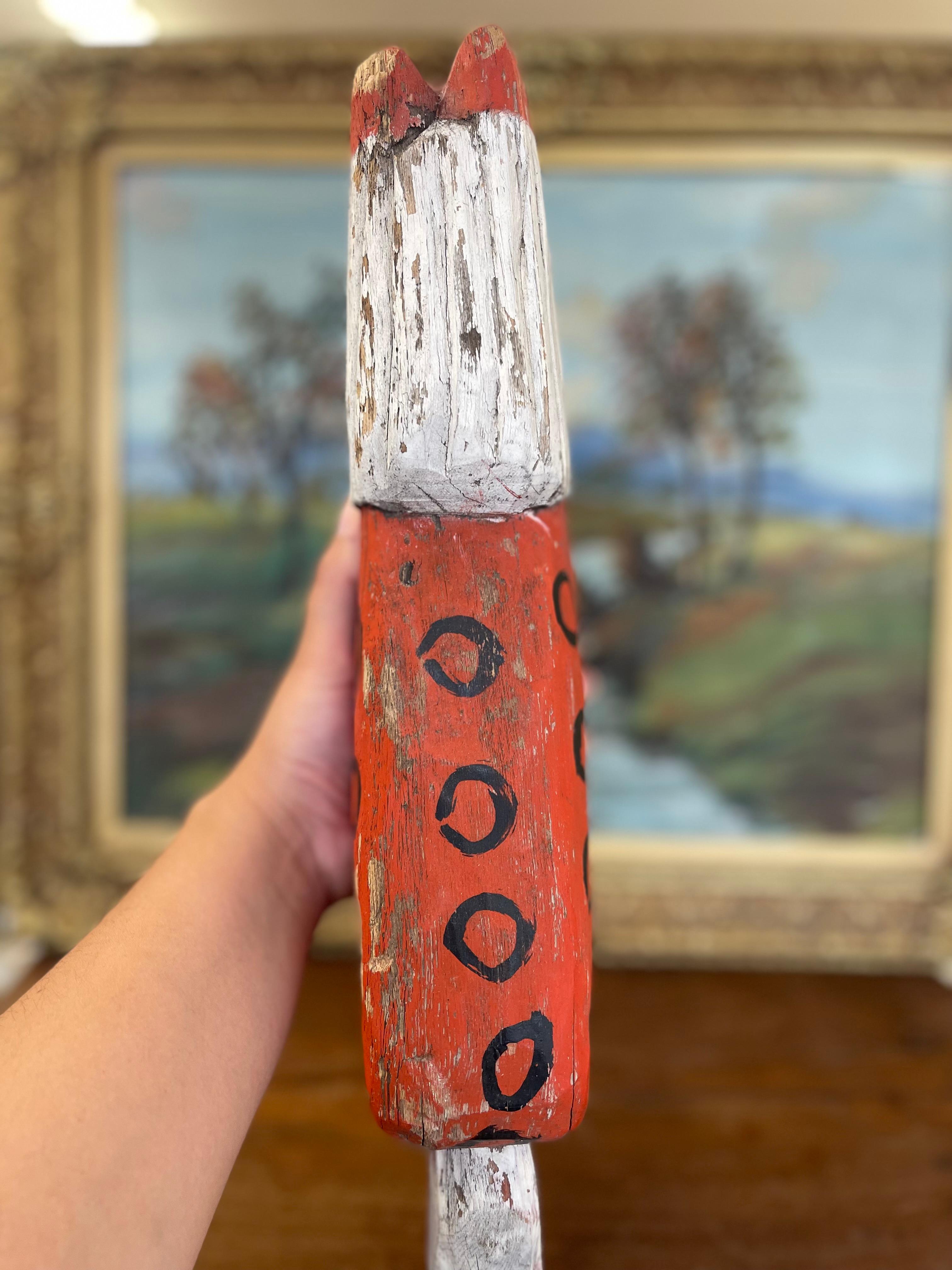 Primitive American Folk Art Painted Wood Horse Sculpture in Red and White For Sale 5