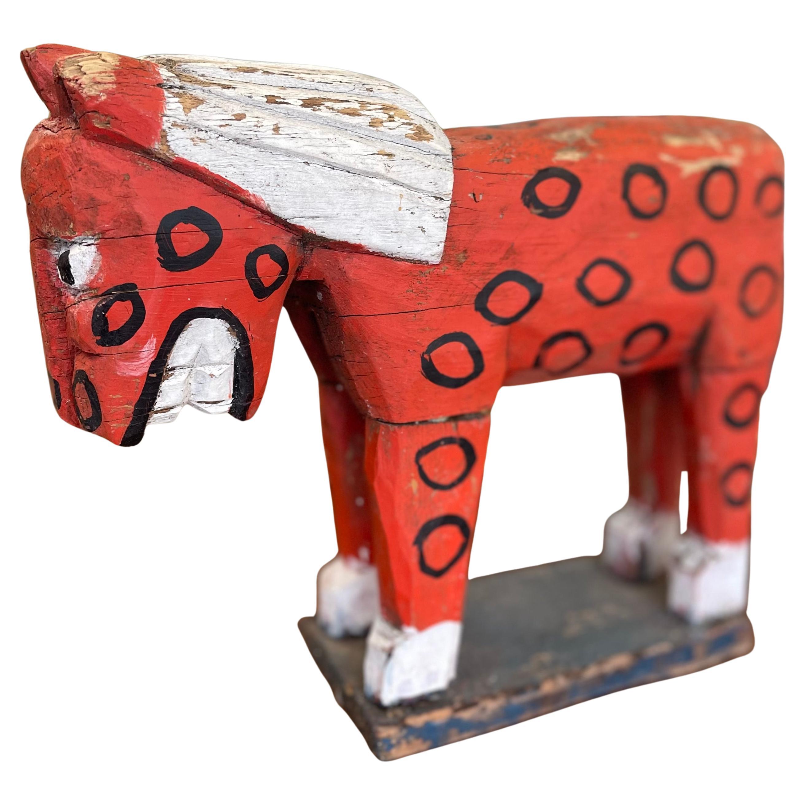 Primitive American Folk Art Painted Wood Horse Sculpture in Red and White For Sale