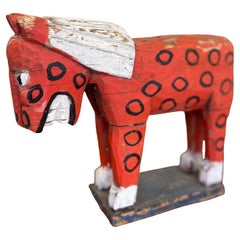 Primitive American Folk Art Painted Wood Horse Sculpture in Red and White