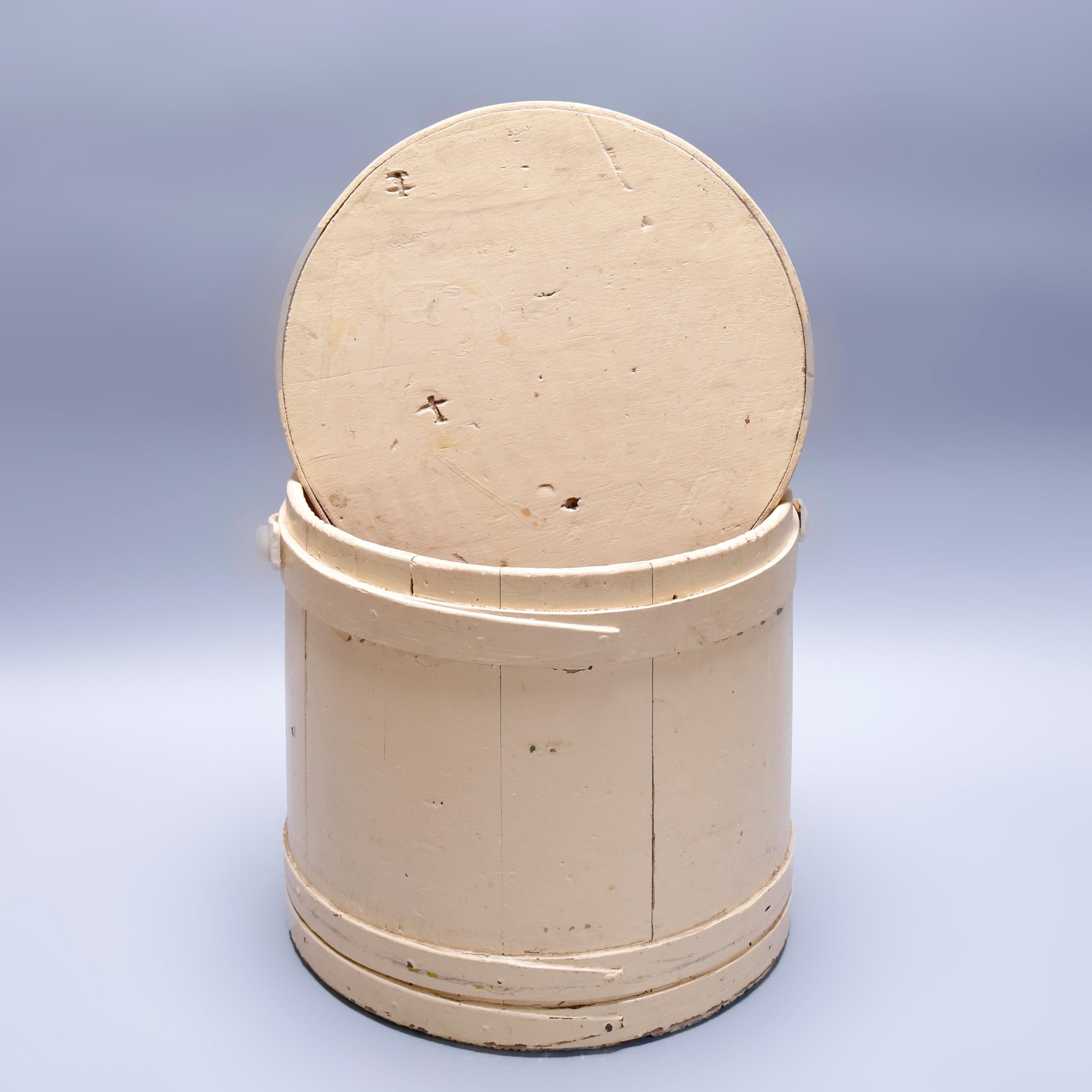 19th Century Primitive Americana Shaker Handcrafted Four-Finger Lidded Firkin Bucket