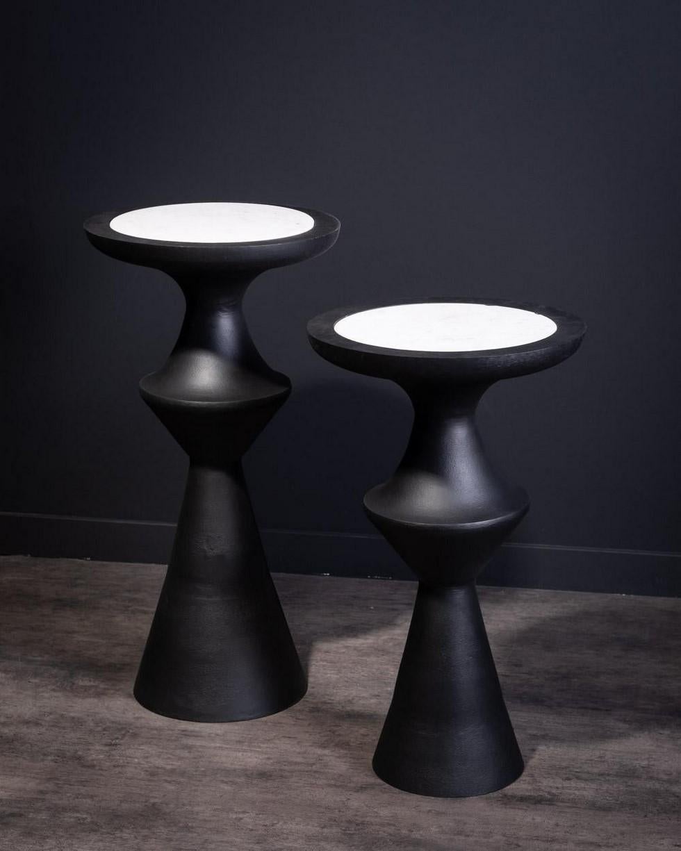 Space Age Brutalist Style Pair of Cast Metal and White Marble Side Tables For Sale